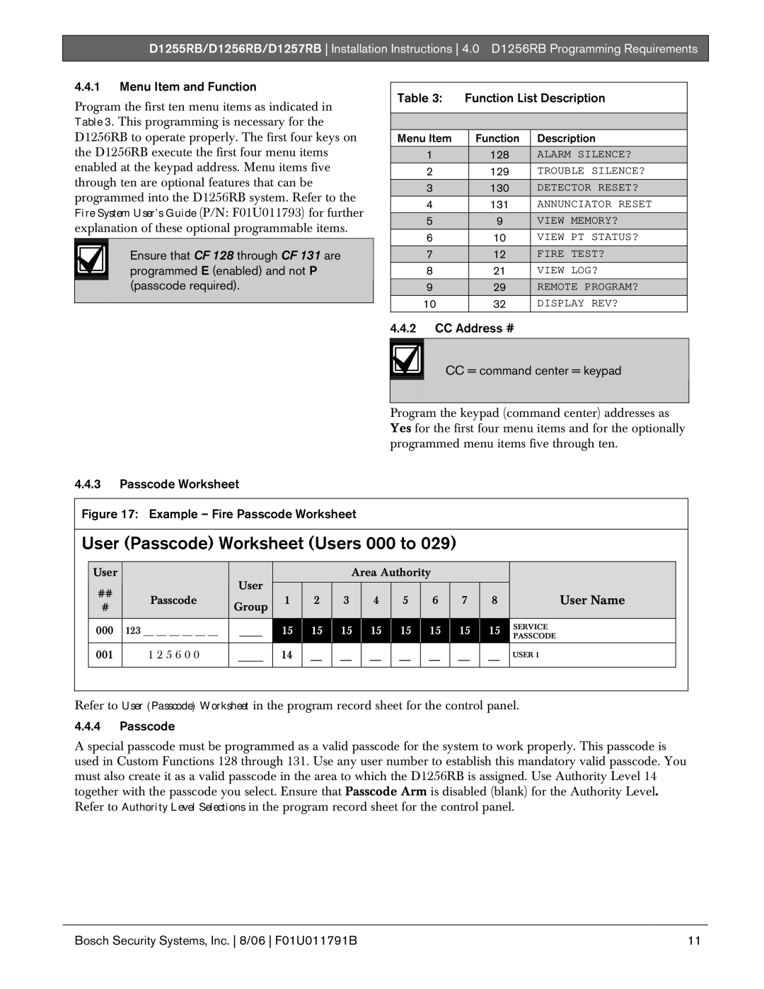 Bosch Appliances D1257RB, D1256RB Menu Item and Function, CC Address # CC = command center = keypad, Passcode Worksheet 