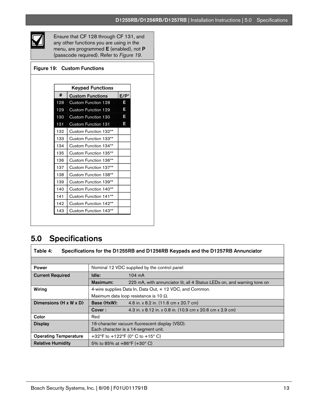 Bosch Appliances D1255RB, D1256RB, D1257RB installation instructions Specifications, Custom Functions Keypad Functions 