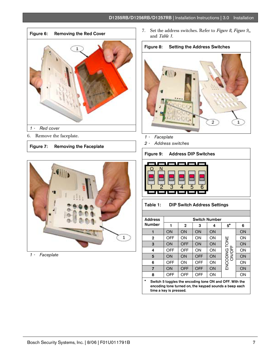 Bosch Appliances D1255RB, D1256RB, D1257RB installation instructions Red cover, Faceplate Address switches 