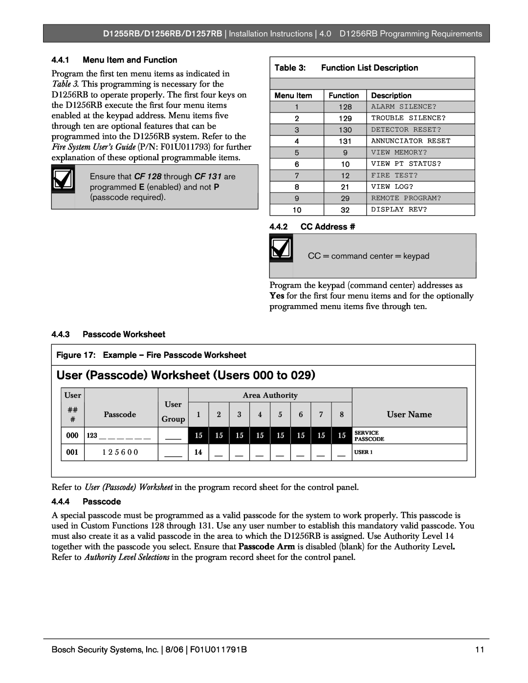 Bosch Appliances D1257RB, D1256RB, D1255RB installation instructions User Passcode Worksheet Users 000 to 