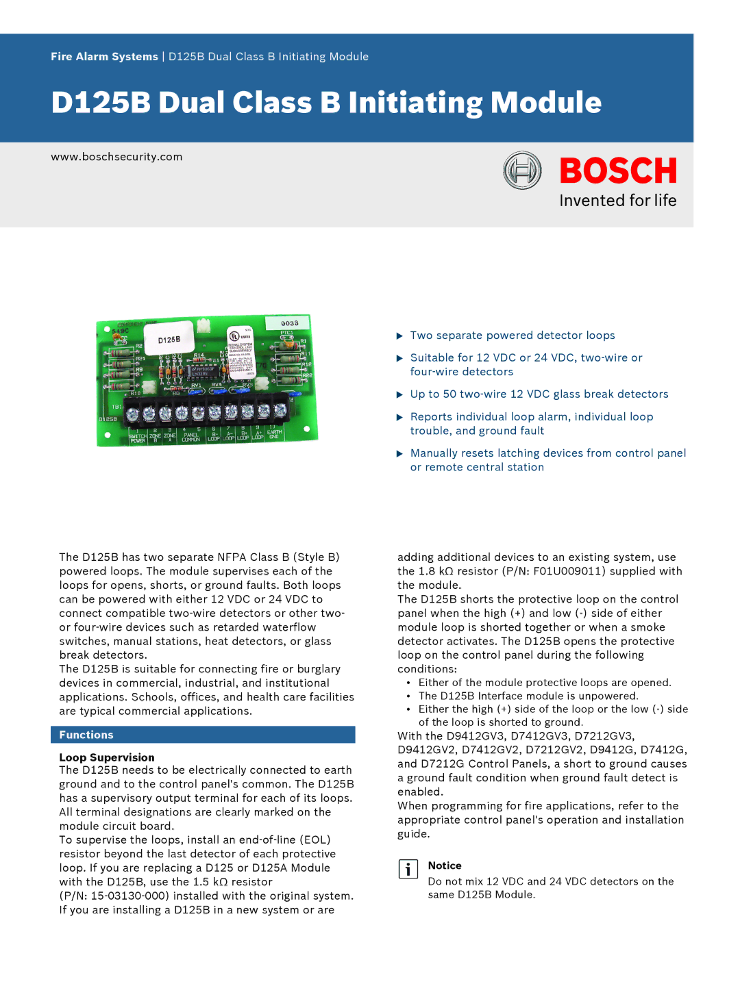 Bosch Appliances D125B manual Functions, Loop Supervision 