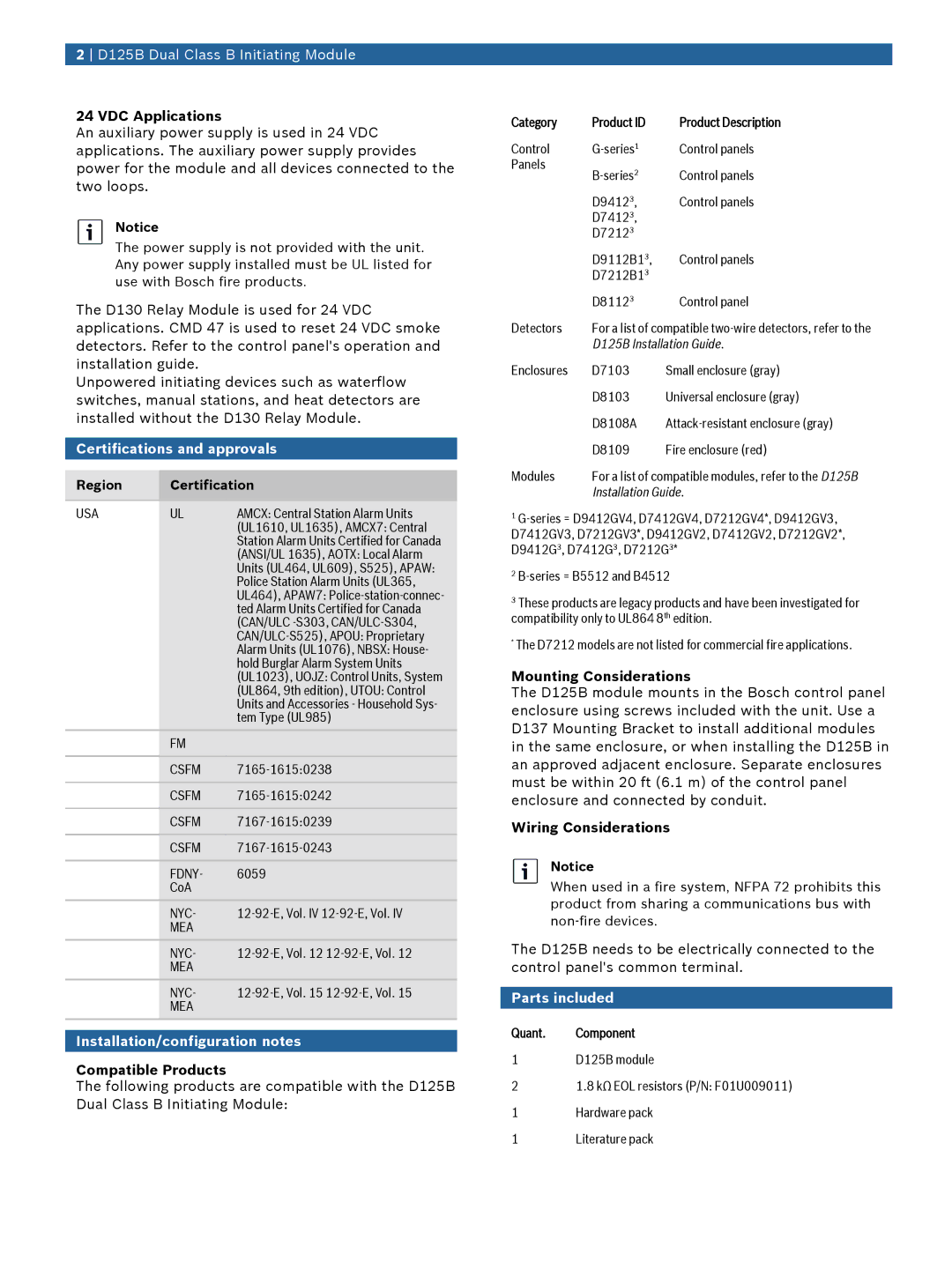 Bosch Appliances D125B manual Certifications and approvals, Installation/configuration notes, Parts included 