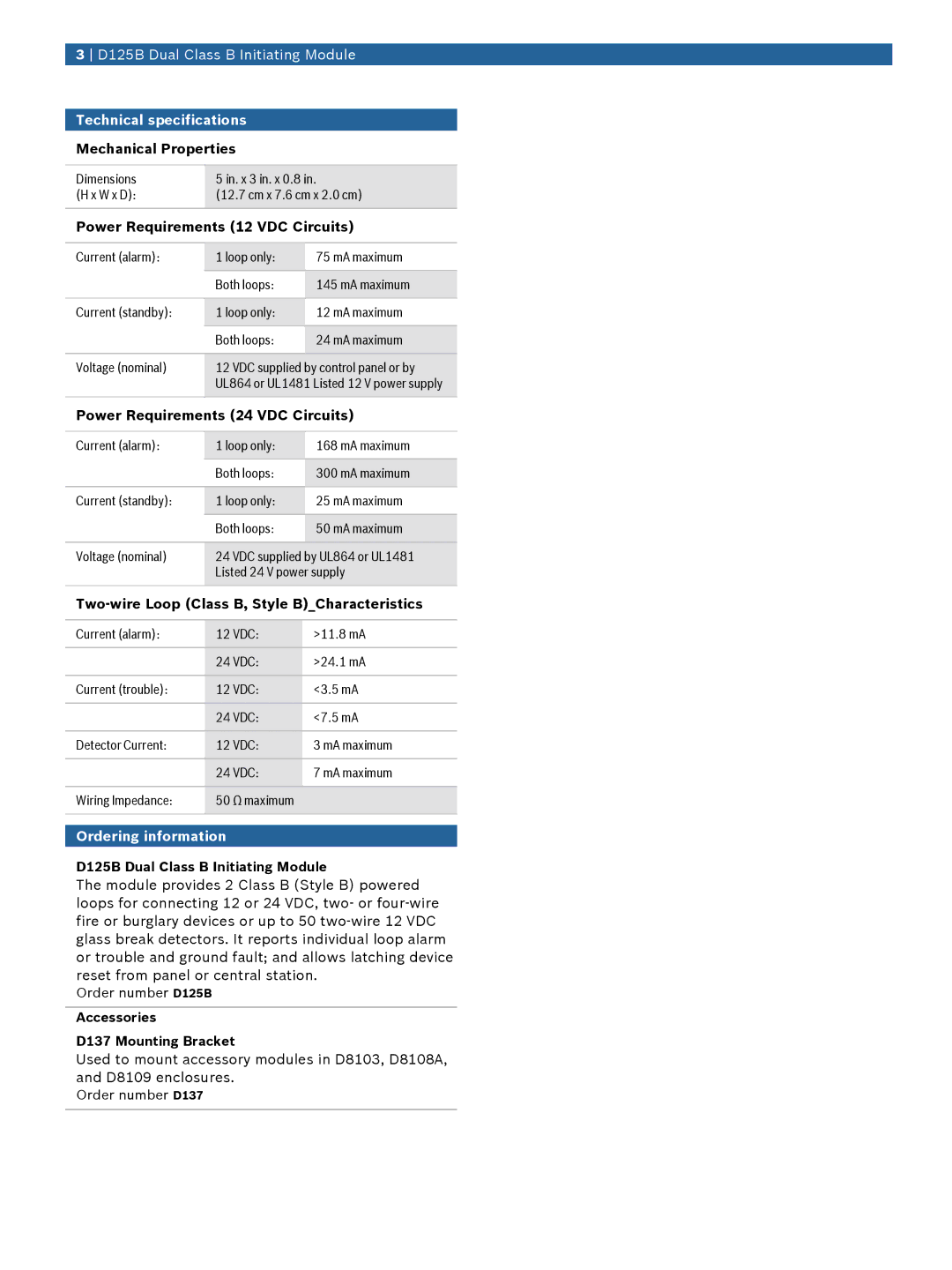 Bosch Appliances D125B manual Technical specifications, Ordering information 