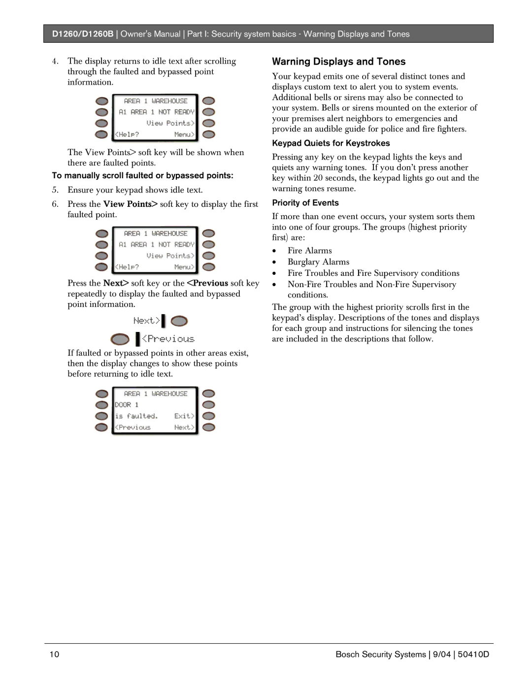 Bosch Appliances D1260 To manually scroll faulted or bypassed points, Keypad Quiets for Keystrokes, Priority of Events 