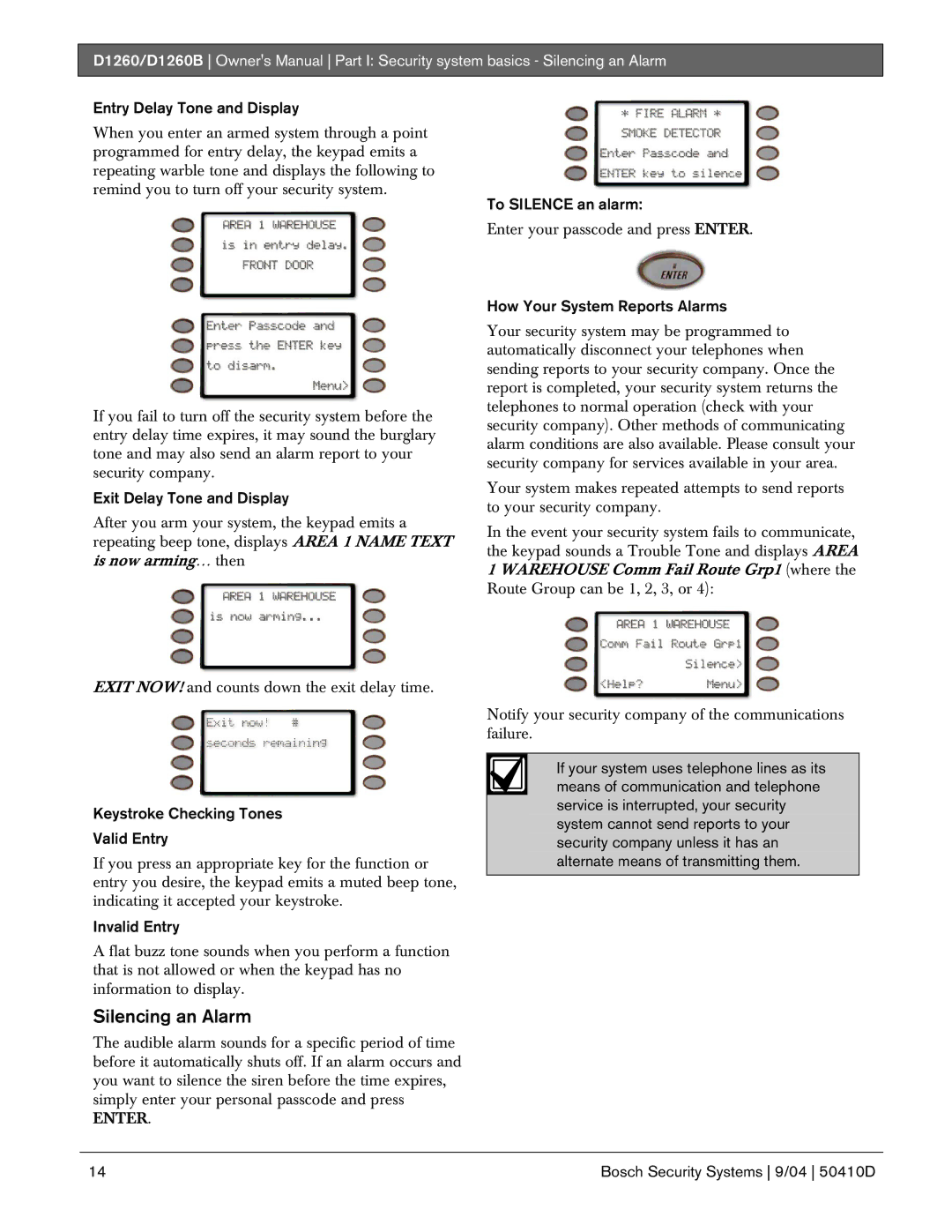 Bosch Appliances D1260B owner manual Silencing an Alarm 