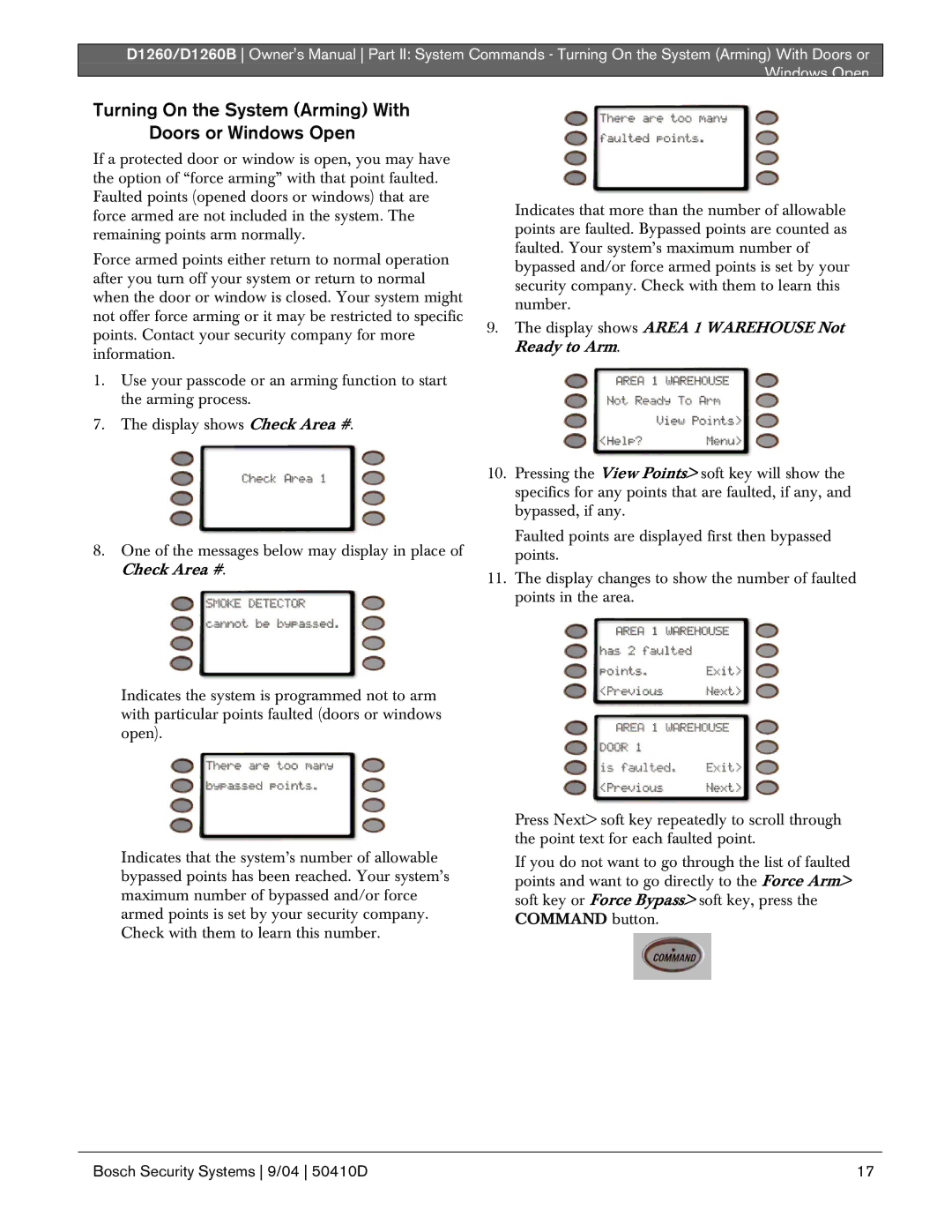 Bosch Appliances D1260B owner manual Turning On the System Arming With Doors or Windows Open 