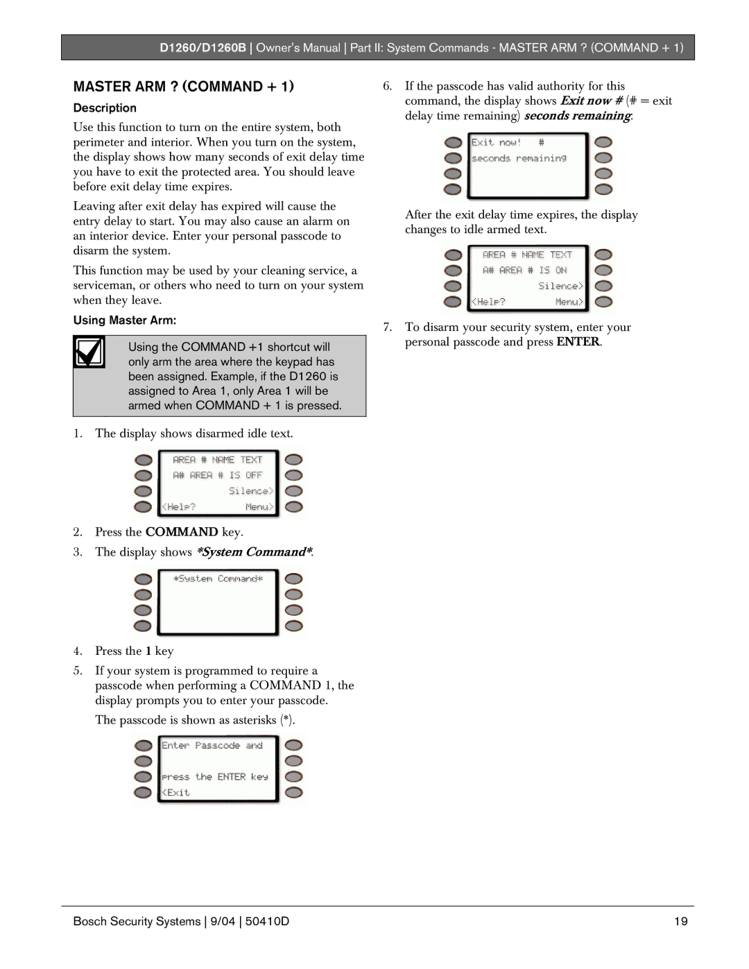 Bosch Appliances D1260B owner manual Master ARM ? Command +, Description 