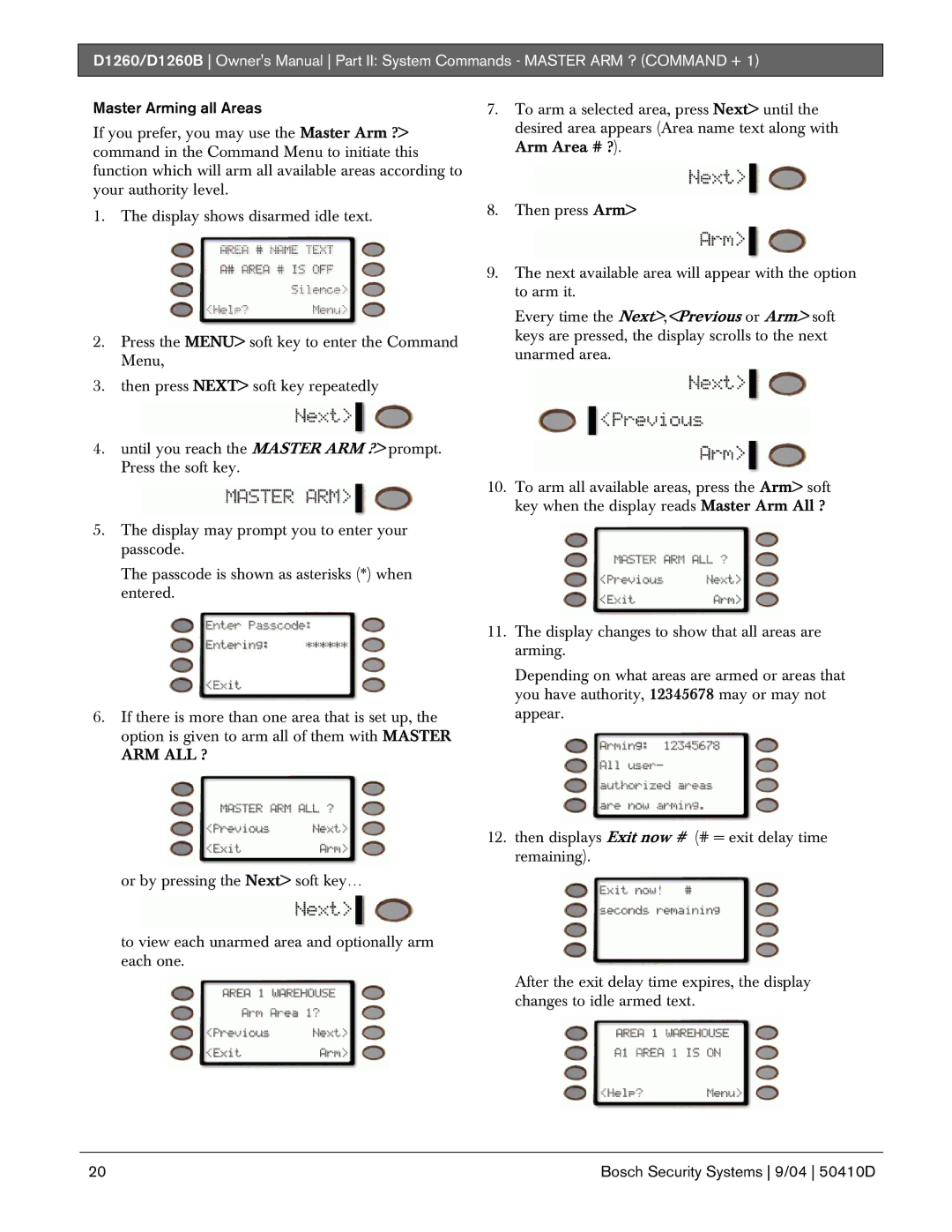 Bosch Appliances D1260B owner manual Master Arming all Areas 