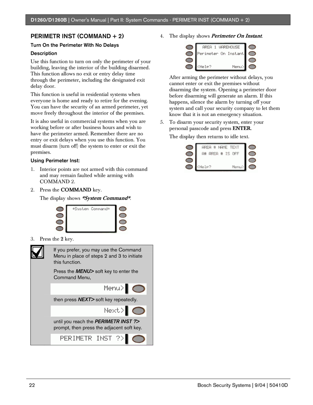 Bosch Appliances D1260 Perimetr Inst Command +, Turn On the Perimeter With No Delays Description, Using Perimeter Inst 