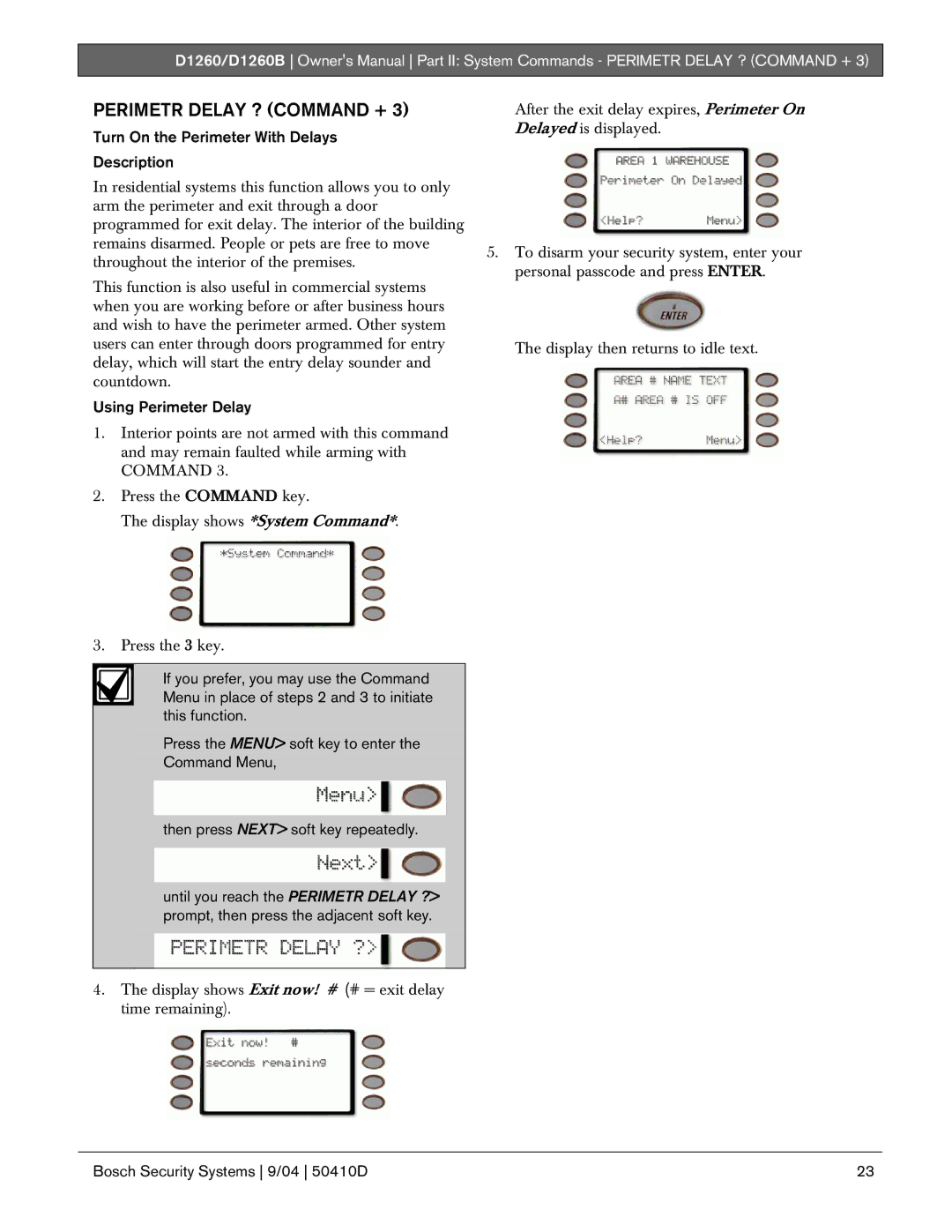 Bosch Appliances D1260B Perimetr Delay ? Command +, Turn On the Perimeter With Delays Description, Using Perimeter Delay 