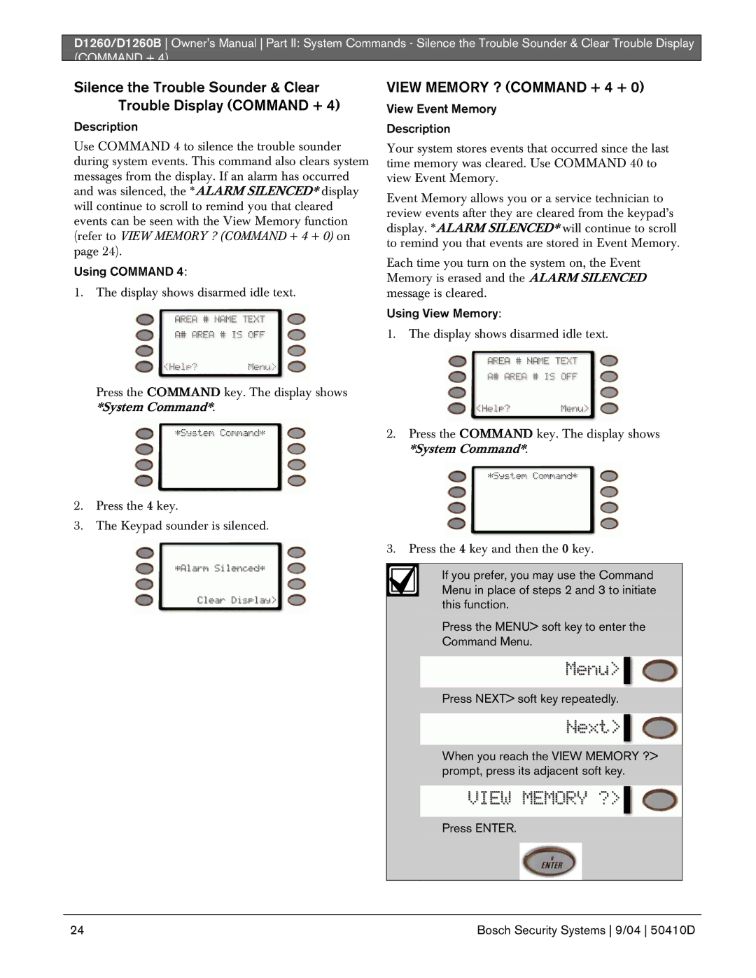 Bosch Appliances D1260 View Memory ? Command + 4 +, Using Command, View Event Memory Description, Using View Memory 