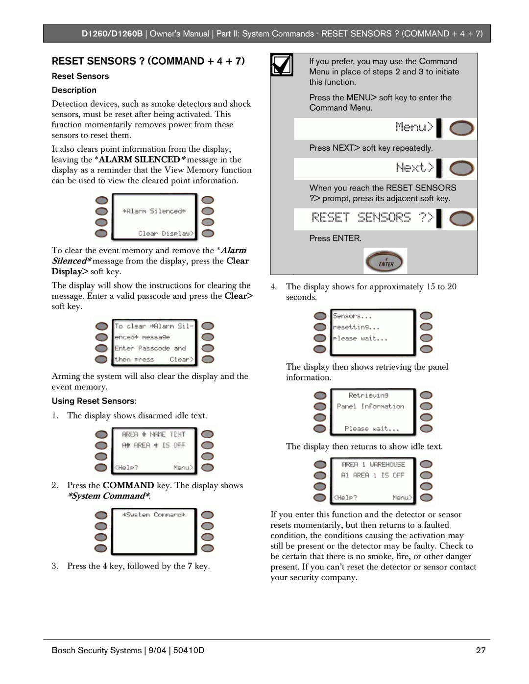 Bosch Appliances D1260B owner manual Reset Sensors ? Command + 4 +, Reset Sensors Description, Using Reset Sensors 