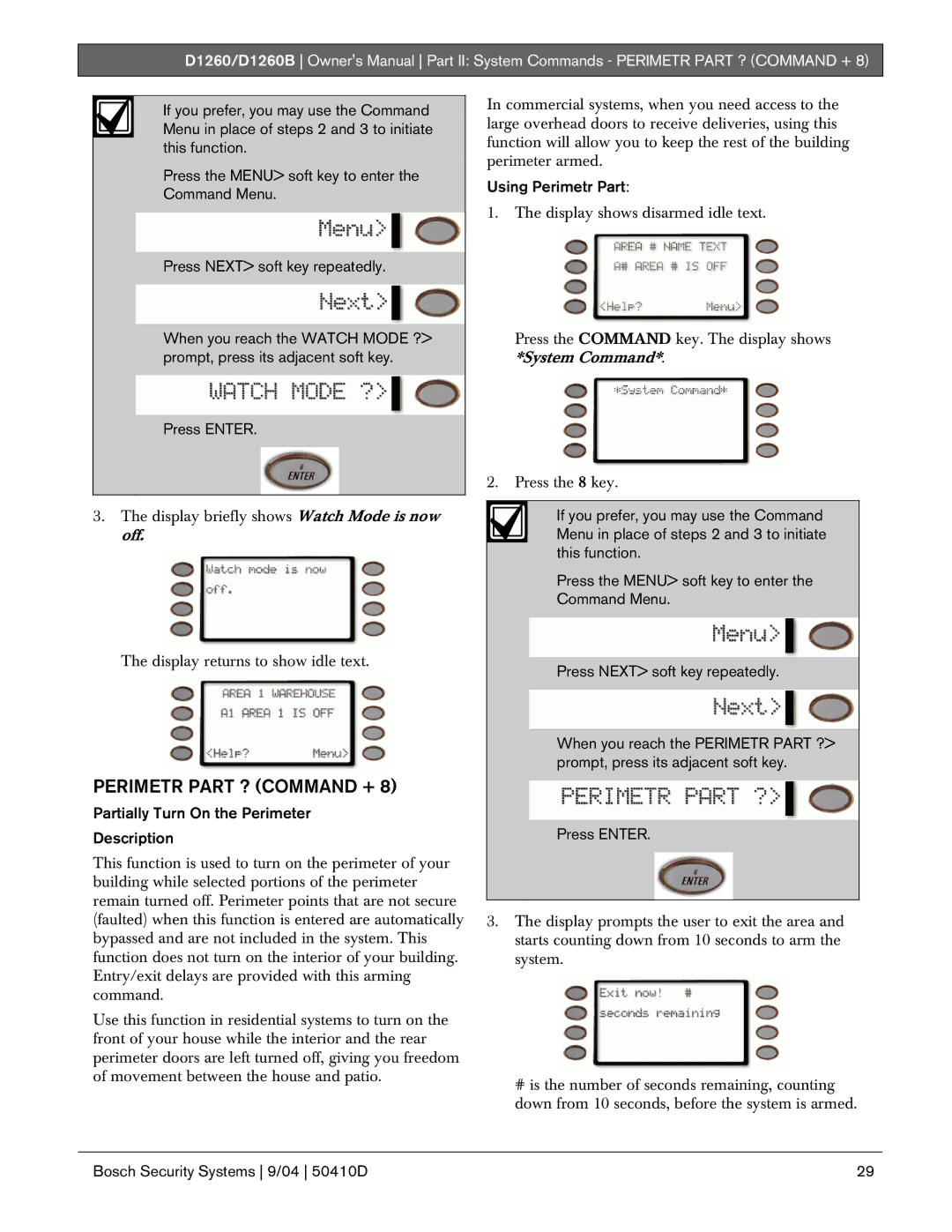 Bosch Appliances D1260B Perimetr Part ? Command +, Partially Turn On the Perimeter Description, Using Perimetr Part 