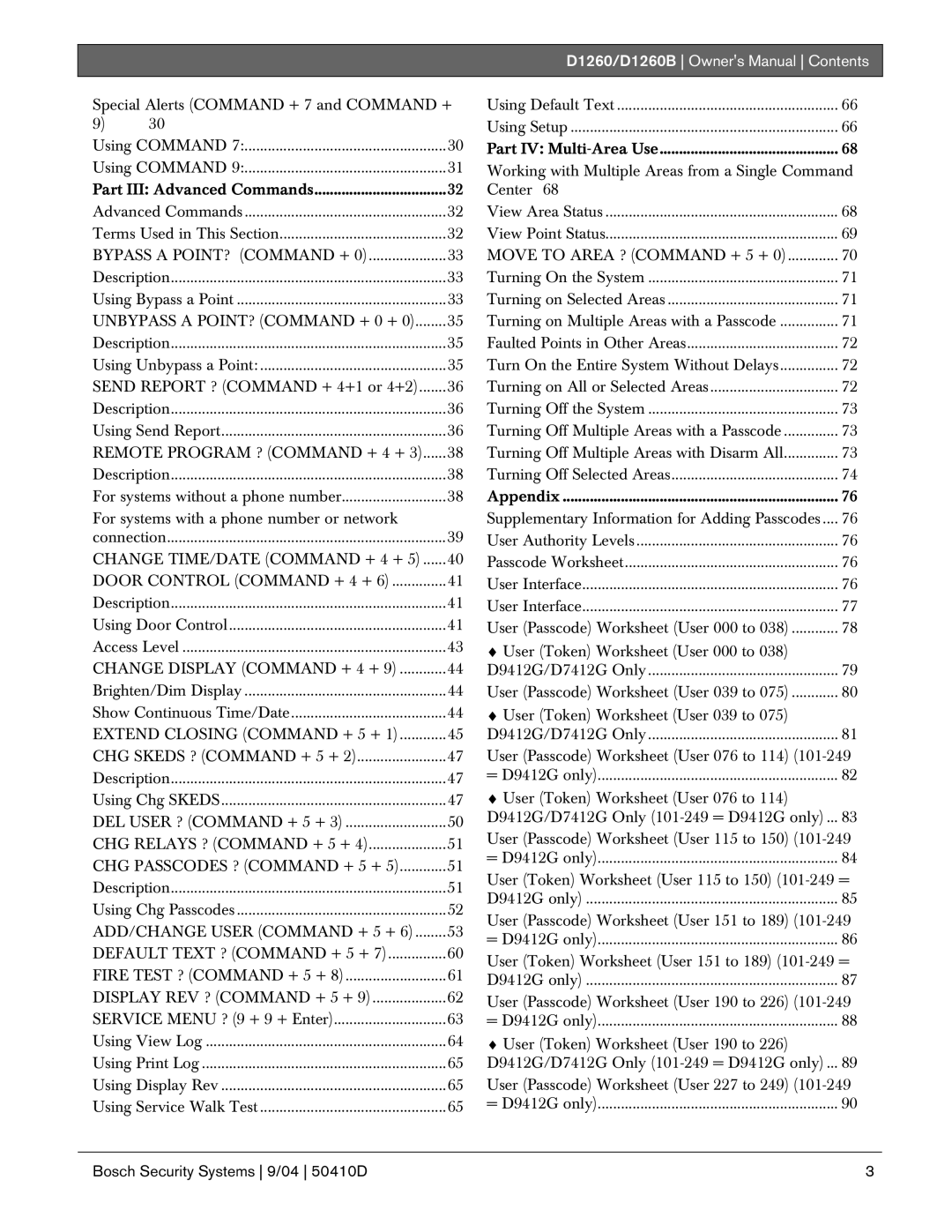 Bosch Appliances D1260B owner manual Remote Program ? Command + 4 +, Bosch Security Systems 9/04 50410D 