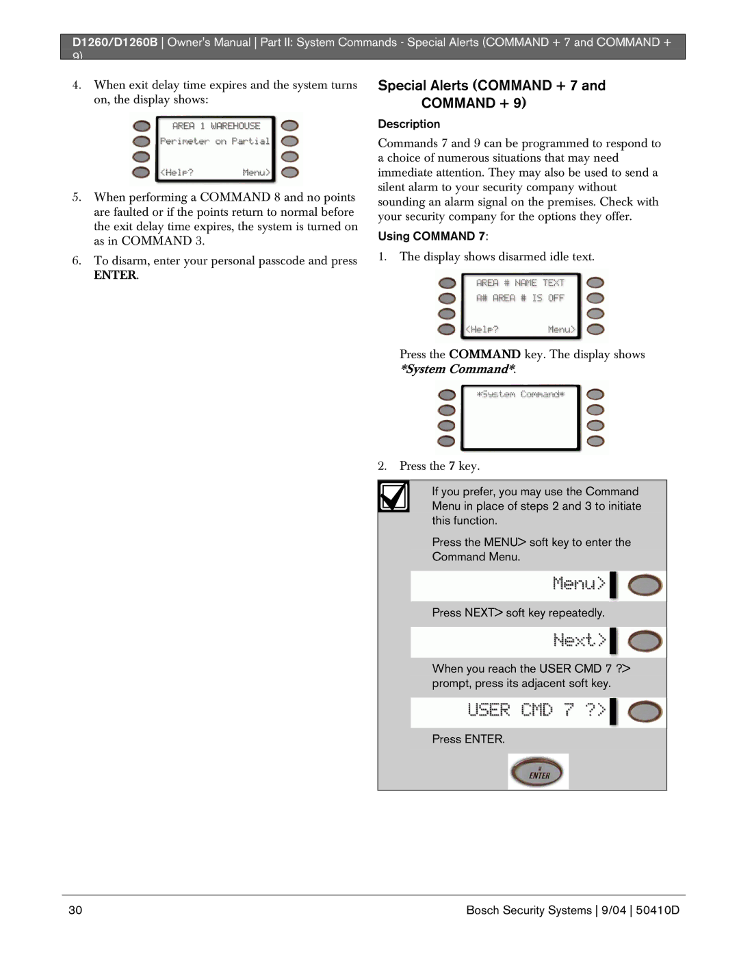 Bosch Appliances D1260B owner manual Special Alerts Command + 7 and Command +, Using Command 