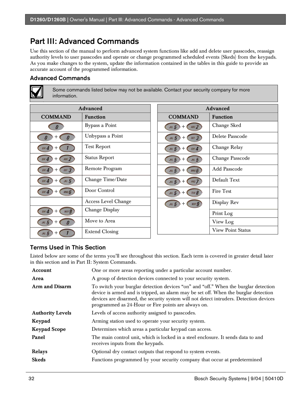 Bosch Appliances D1260B owner manual Advanced Commands, Terms Used in This Section 