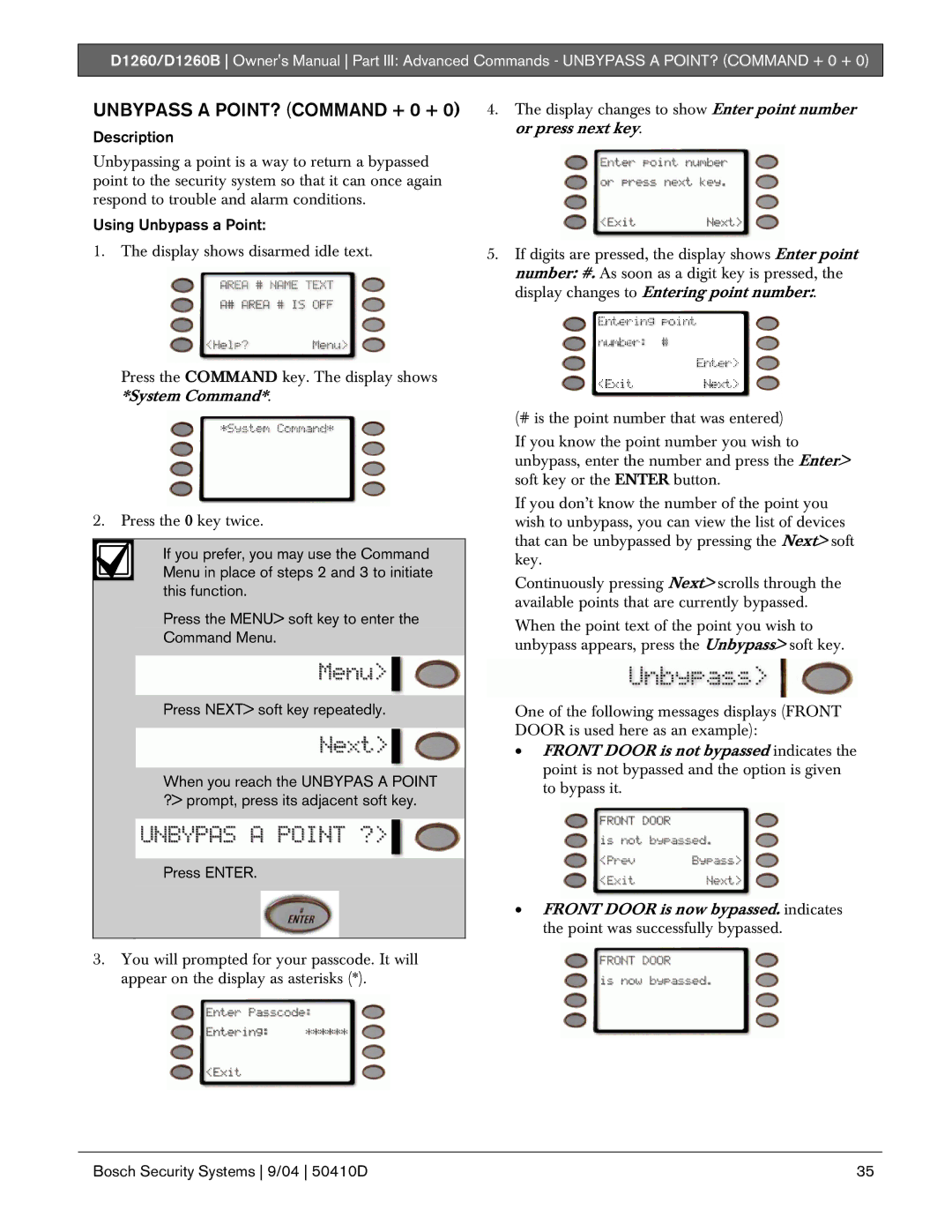 Bosch Appliances D1260B owner manual Unbypass a POINT? Command + 0 +, Using Unbypass a Point 