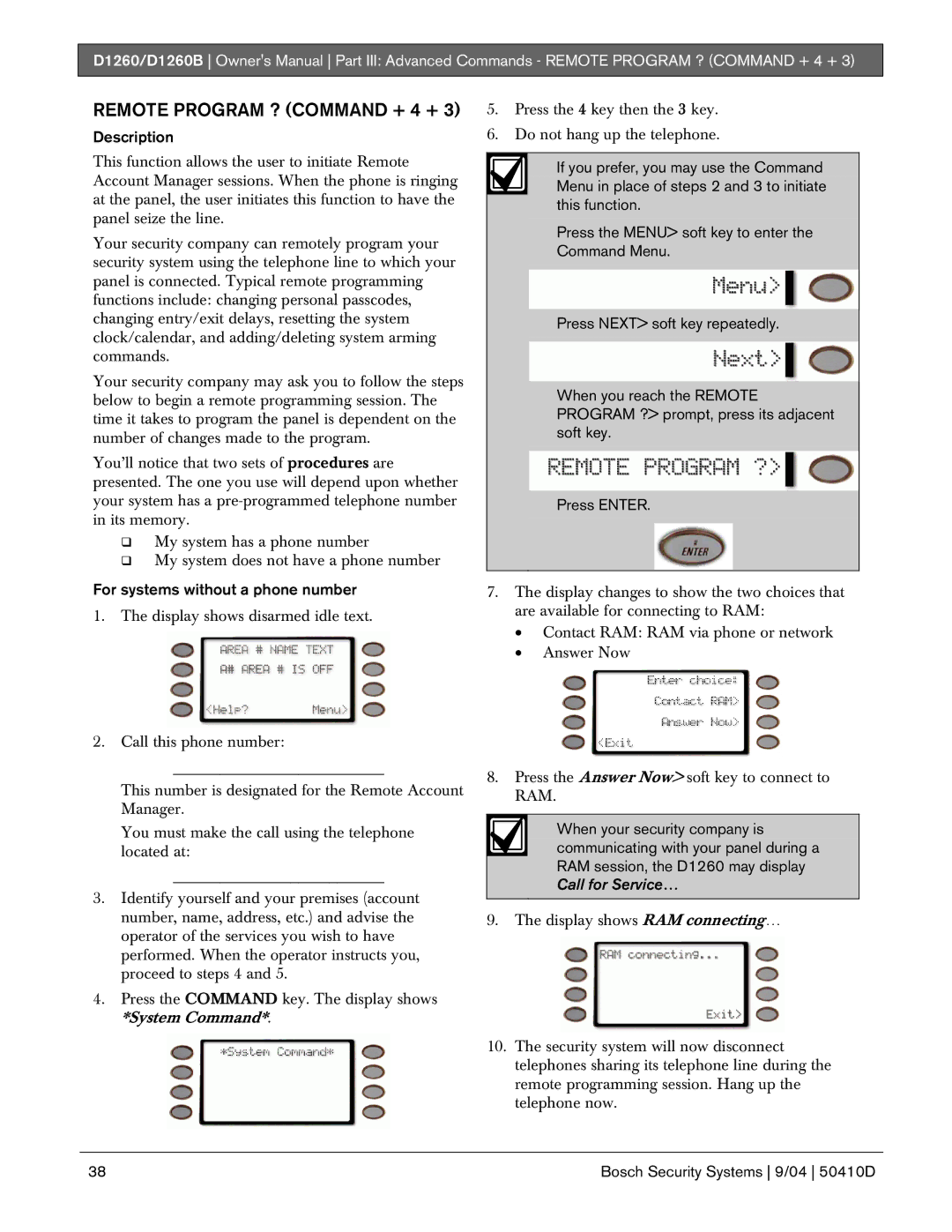 Bosch Appliances D1260B owner manual Remote Program ? Command + 4 +, For systems without a phone number 