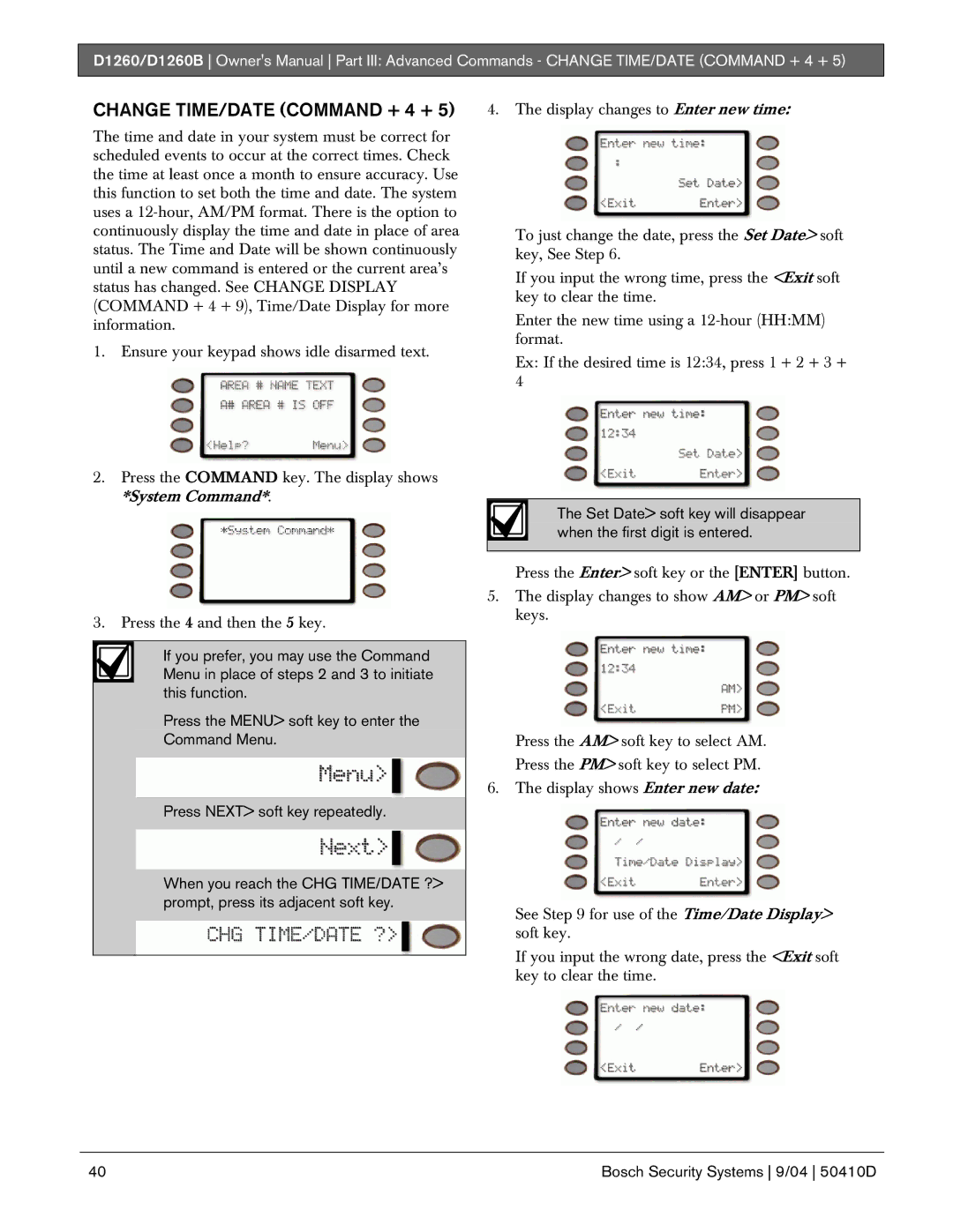 Bosch Appliances D1260B owner manual Change TIME/DATE Command + 4 + 