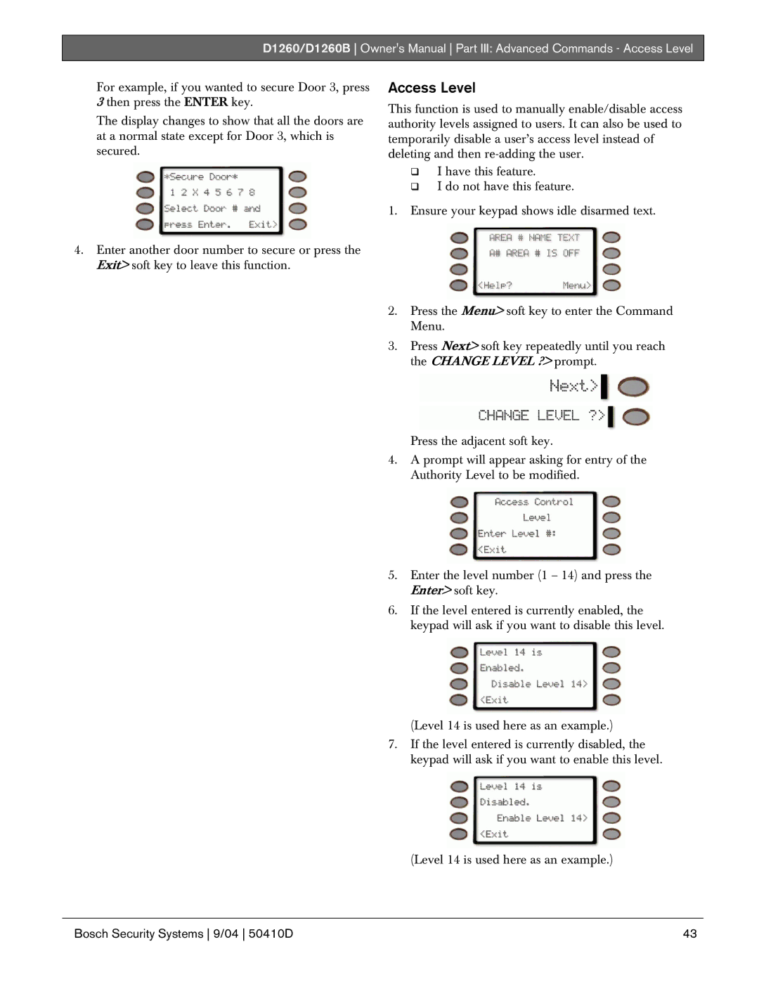 Bosch Appliances D1260B owner manual Access Level 