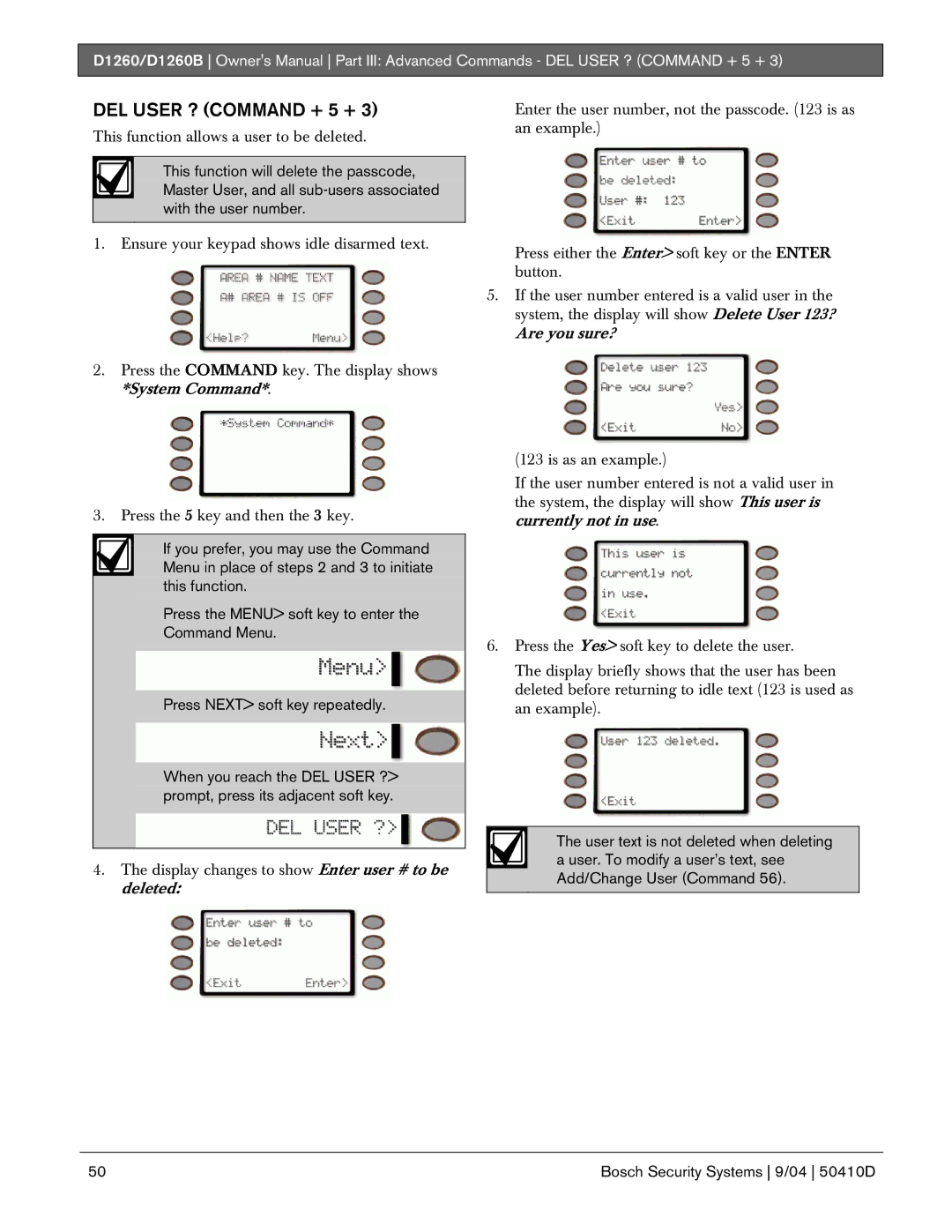 Bosch Appliances D1260B owner manual DEL User ? Command + 5 + 