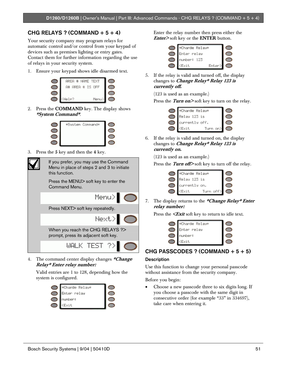 Bosch Appliances D1260B owner manual CHG Relays ? Command + 5 +, CHG Passcodes ? Command + 5 + 