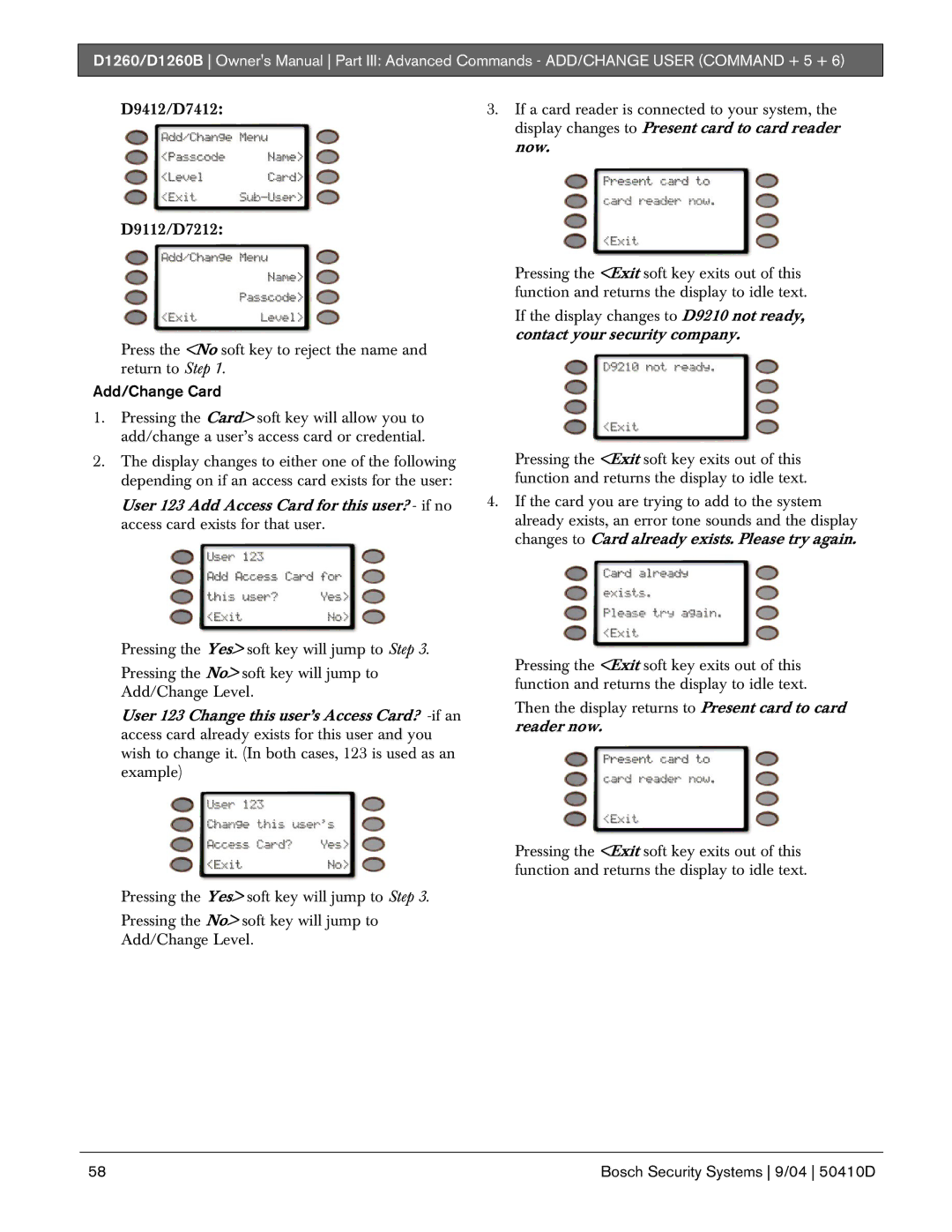 Bosch Appliances D1260B owner manual Add/Change Card 