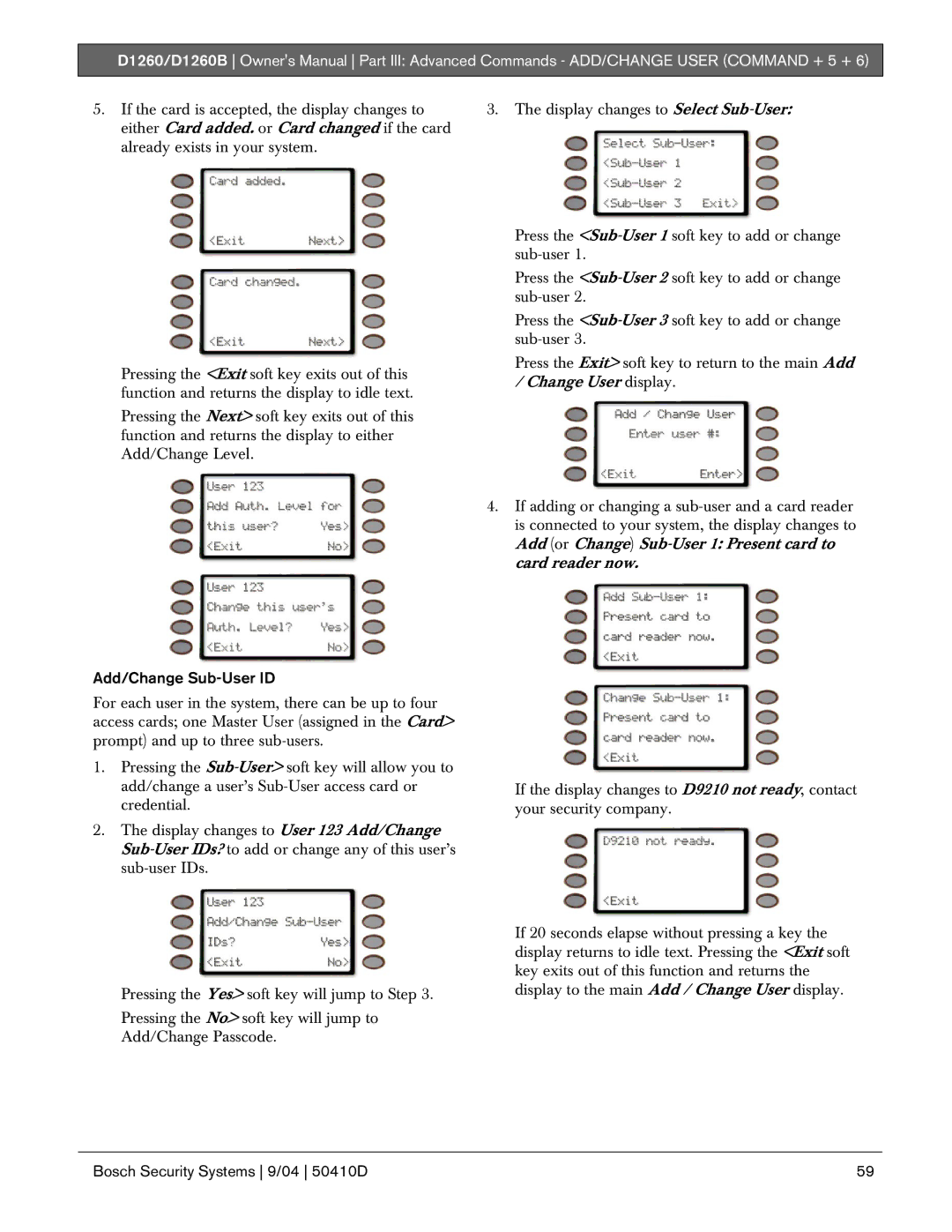 Bosch Appliances D1260B owner manual Add/Change Sub-User ID 