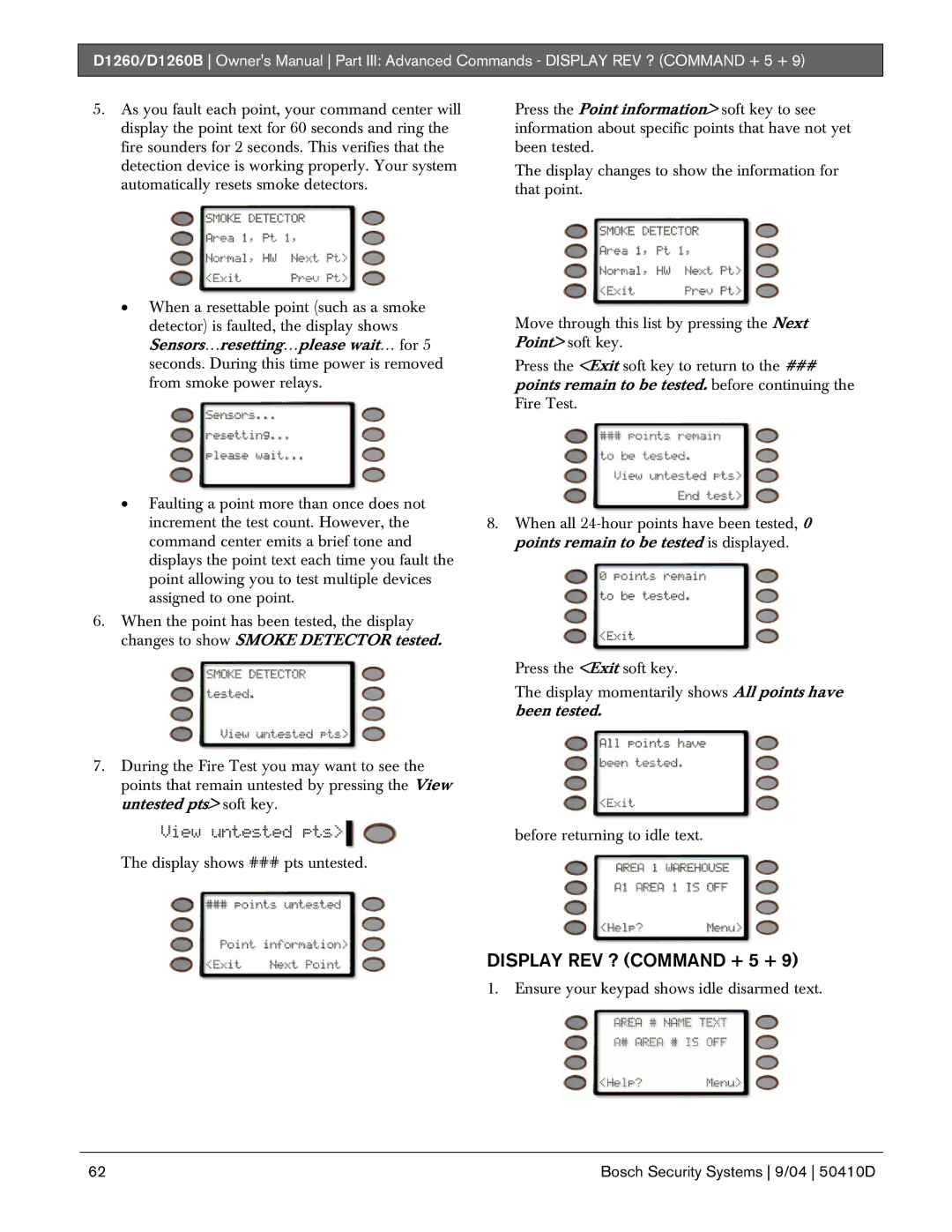 Bosch Appliances D1260B Display REV ? Command + 5 +, Points remain to be tested. before continuing the Fire Test 