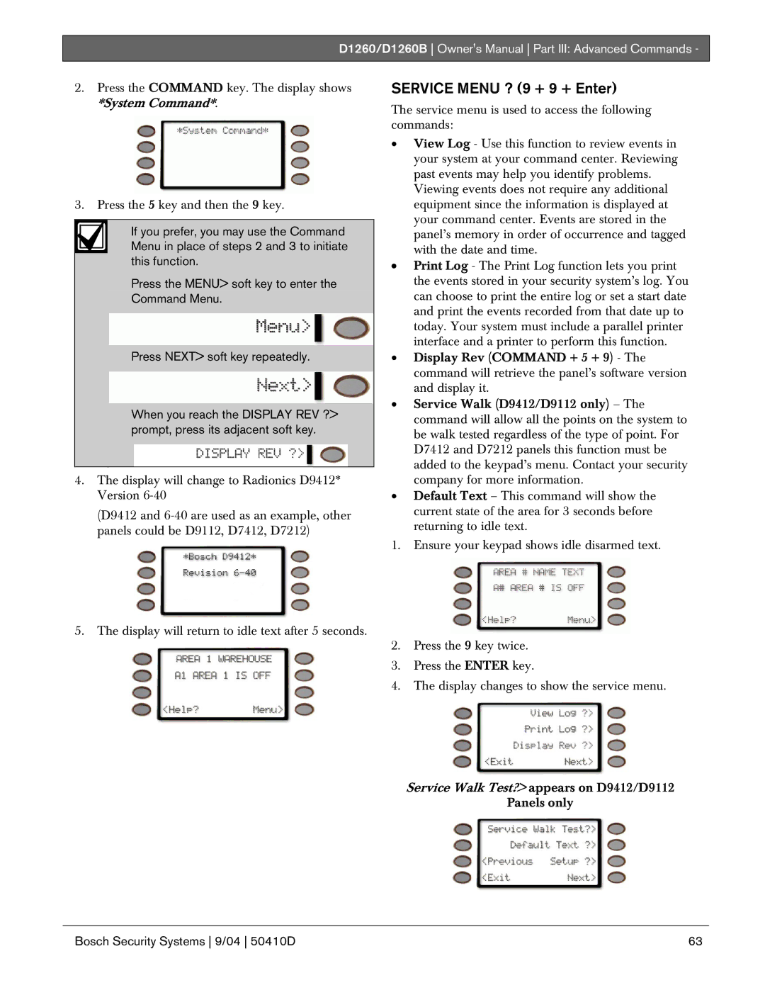 Bosch Appliances D1260B owner manual Service Menu ? 9 + 9 + Enter 