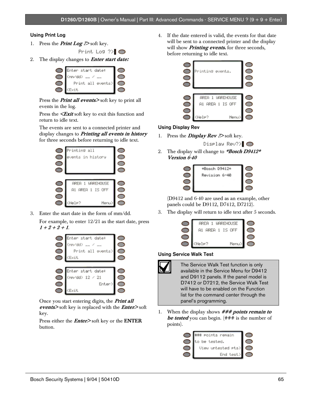 Bosch Appliances D1260B owner manual Using Print Log, Using Display Rev 