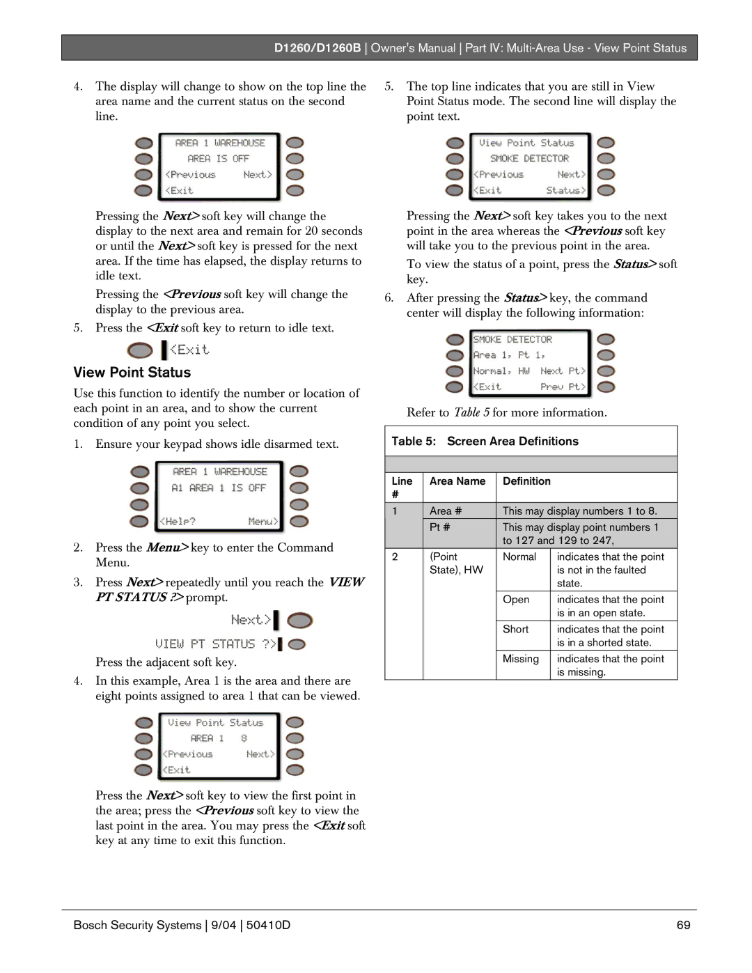 Bosch Appliances D1260B owner manual View Point Status, Screen Area Definitions 