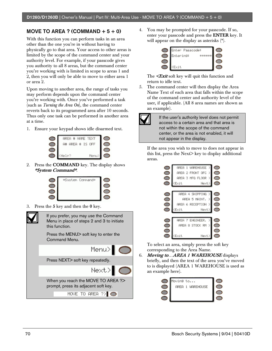 Bosch Appliances D1260B owner manual Move to Area ? Command + 5 + 