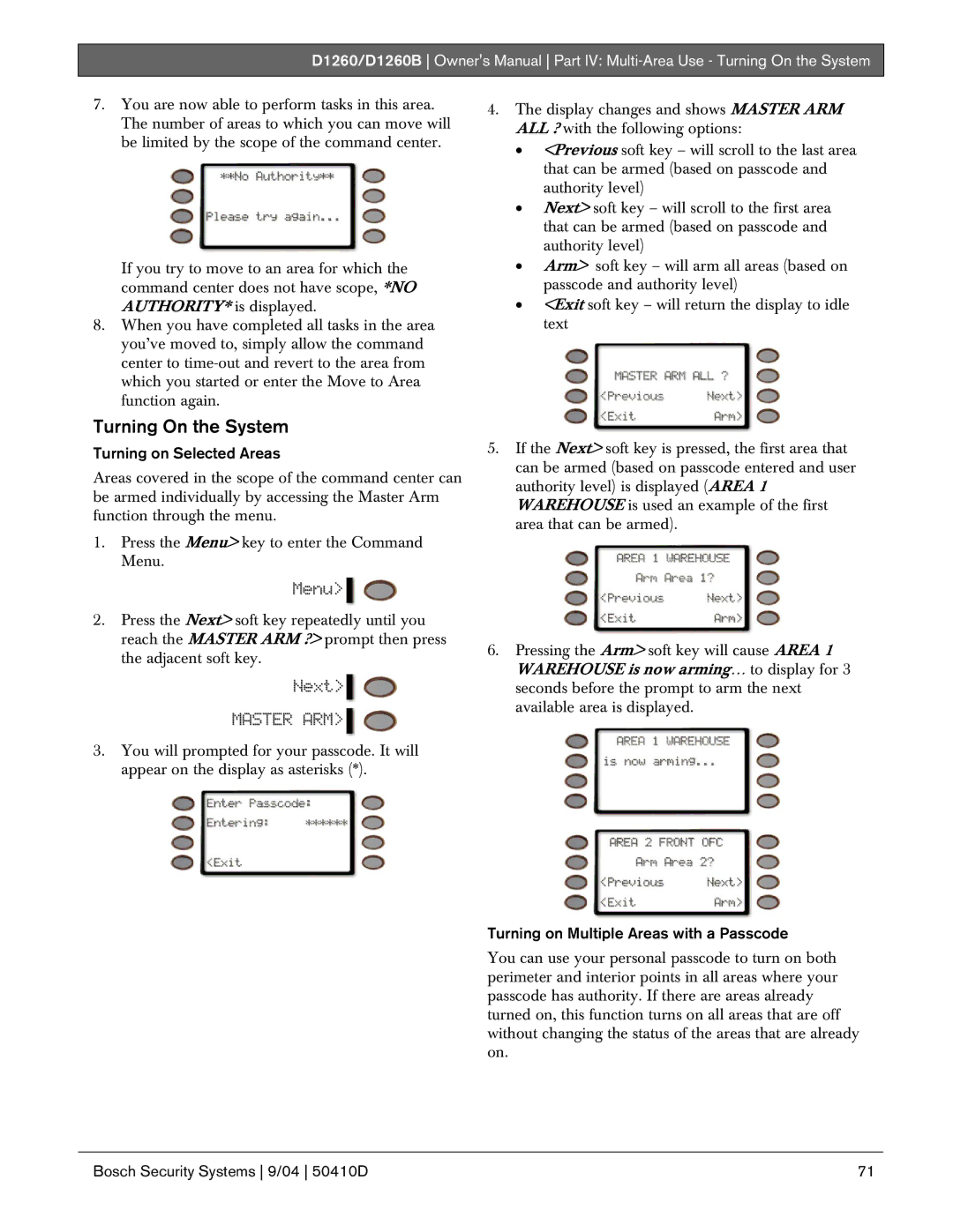 Bosch Appliances D1260B Turning On the System, Turning on Selected Areas, Turning on Multiple Areas with a Passcode 