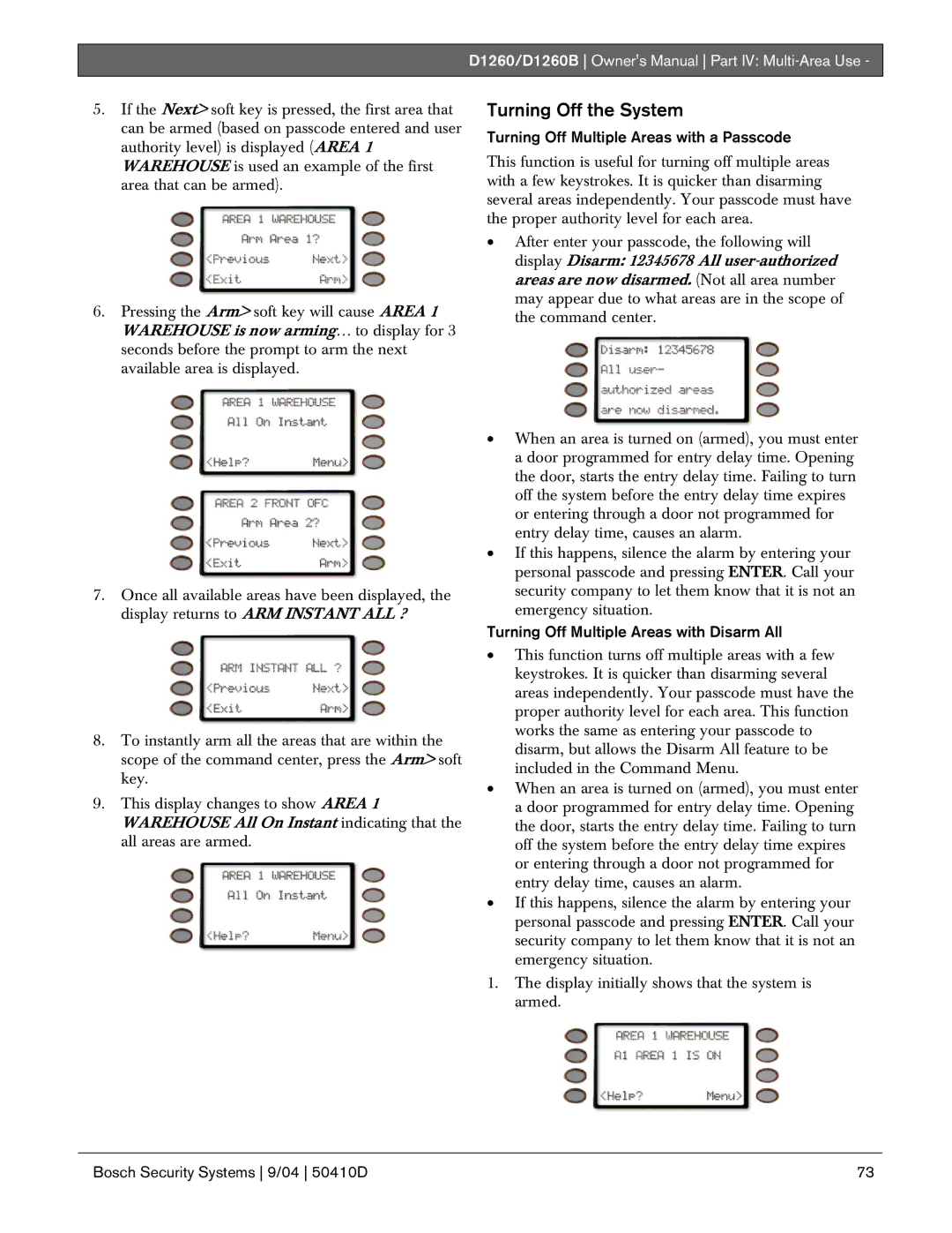 Bosch Appliances D1260B owner manual Turning Off the System, Turning Off Multiple Areas with a Passcode 