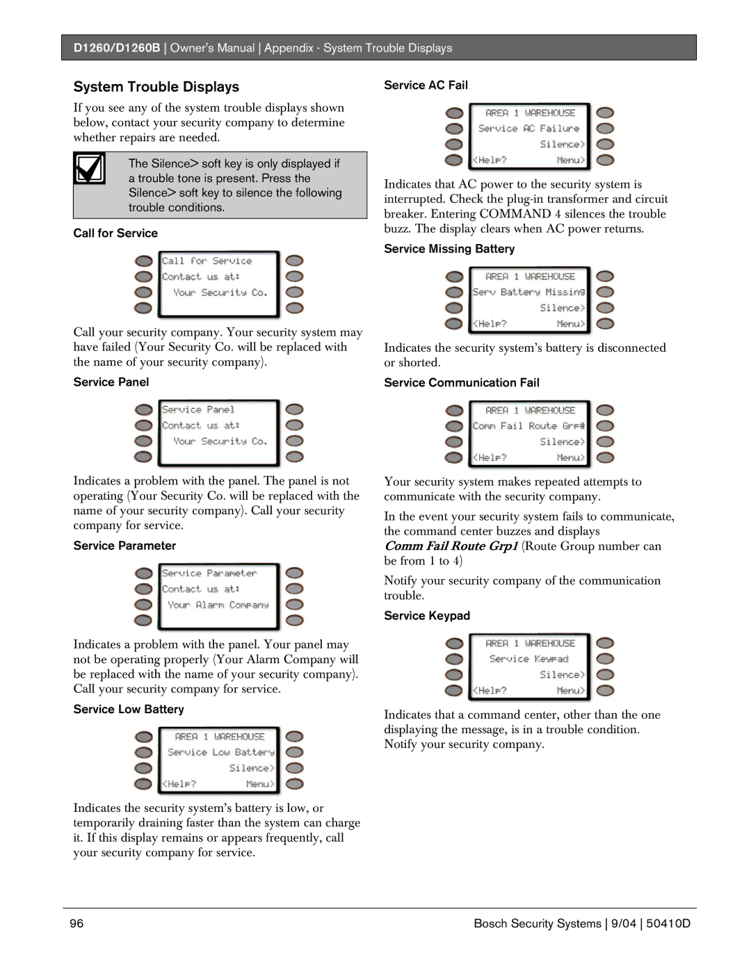 Bosch Appliances D1260B owner manual System Trouble Displays 