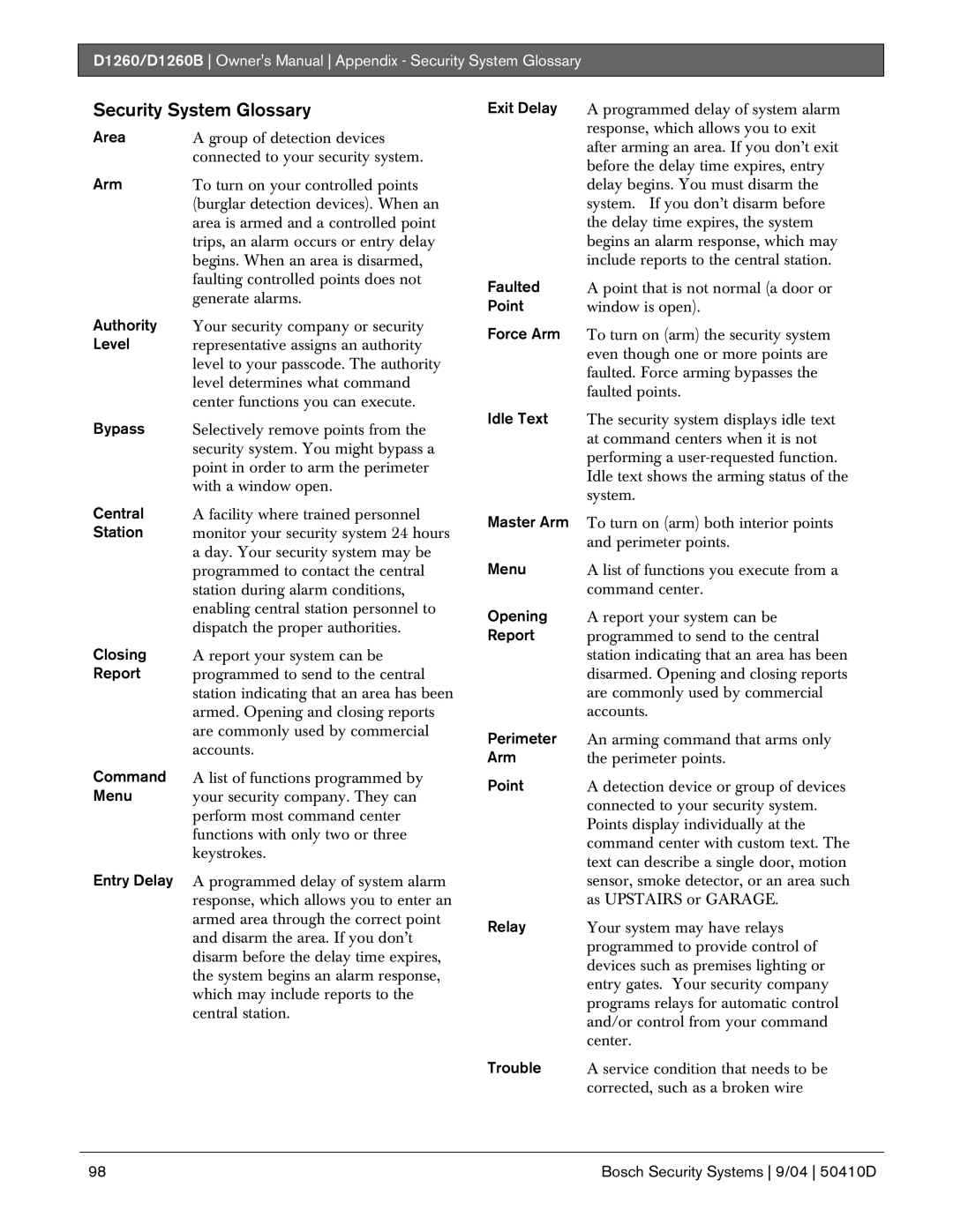 Bosch Appliances D1260B owner manual Security System Glossary 