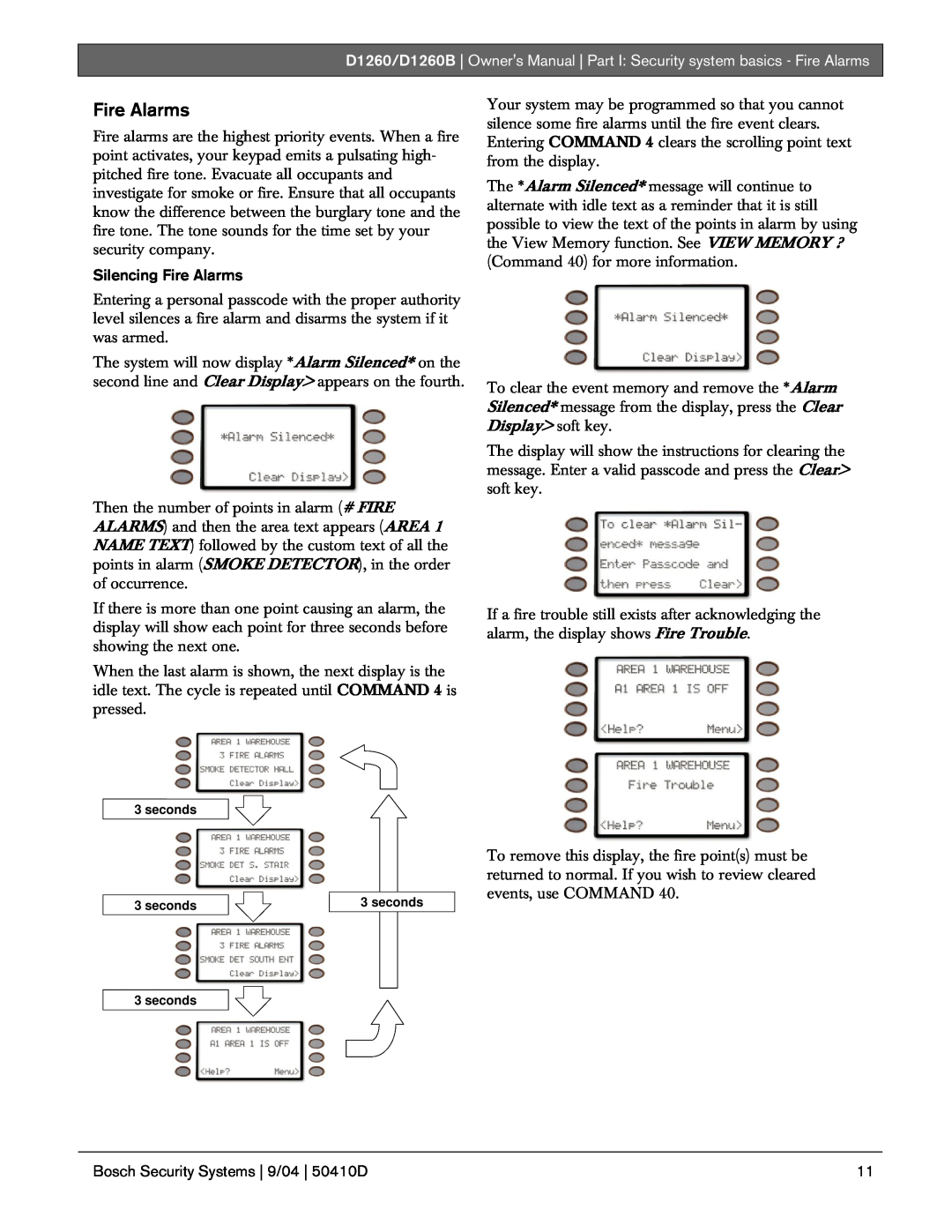 Bosch Appliances D1260B owner manual Silencing Fire Alarms, Bosch Security Systems | 9/04 | 50410D 