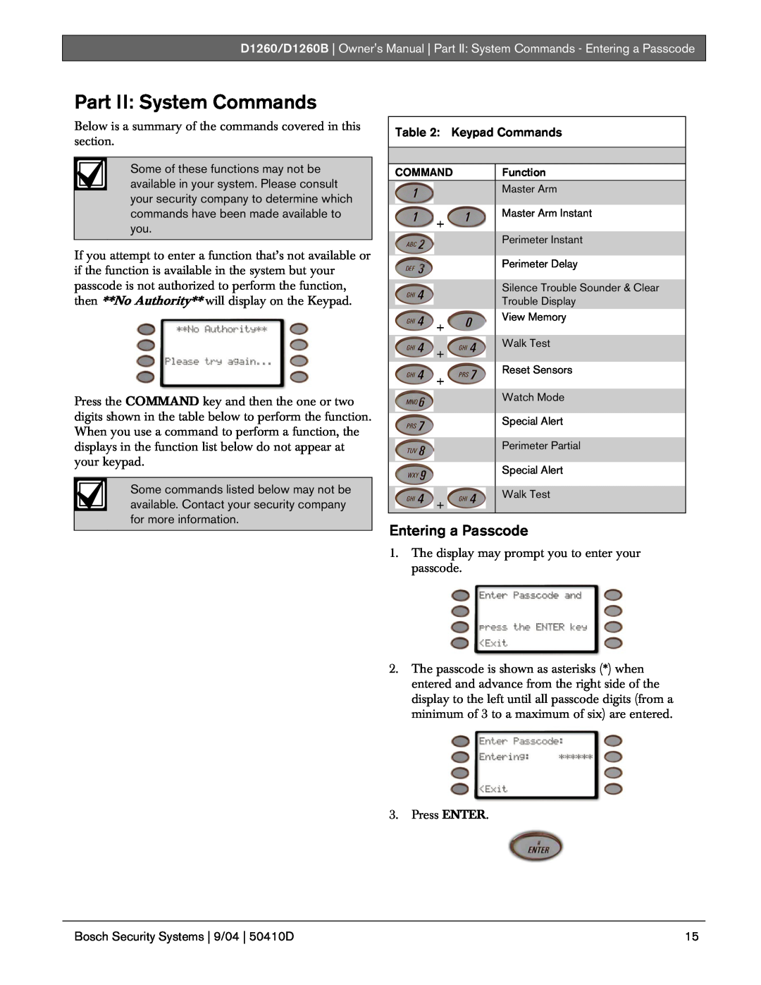 Bosch Appliances D1260B owner manual Part II: System Commands, Entering a Passcode 