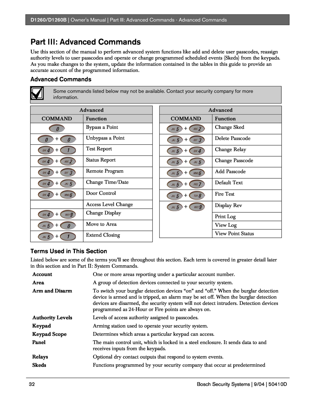Bosch Appliances D1260B owner manual Part III: Advanced Commands, Terms Used in This Section 