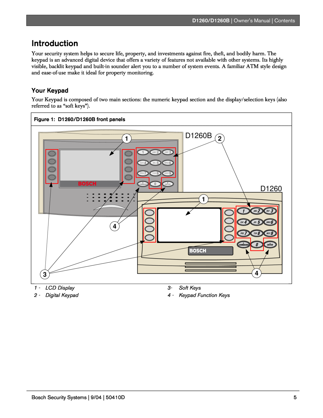 Bosch Appliances Introduction, Your Keypad, D1260/D1260B | Owners Manual | Contents, D1260/D1260B front panels 