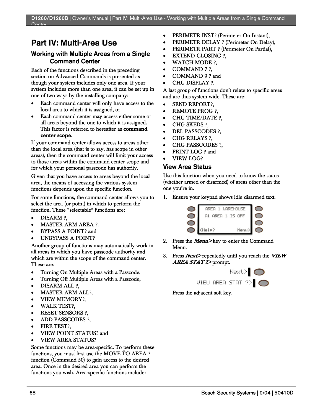 Bosch Appliances D1260B owner manual Part IV: Multi-AreaUse, View Area Status 