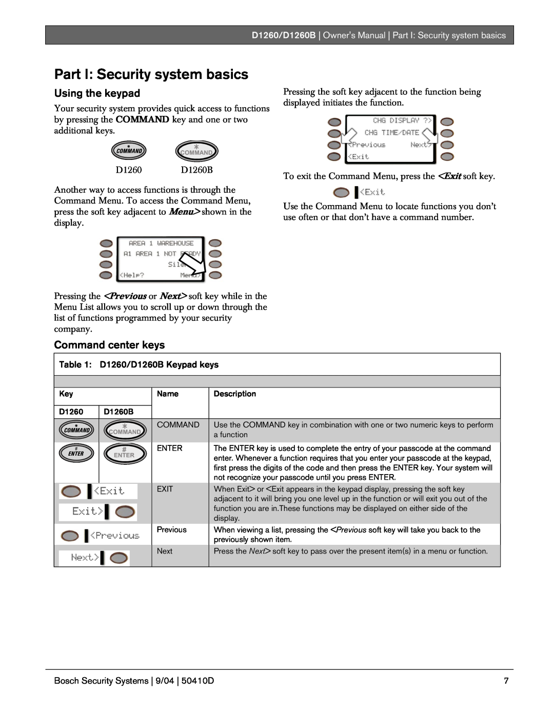 Bosch Appliances D1260B owner manual Part I Security system basics, Using the keypad, Command center keys 