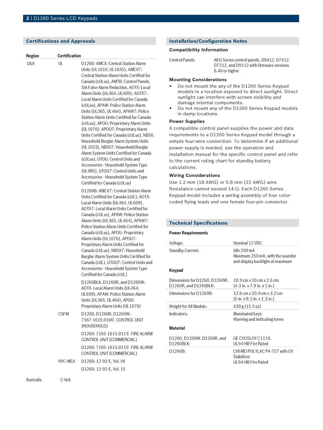 Bosch Appliances D1260 manual Certifications and Approvals, Installation/Configuration Notes, Technical Specifications 