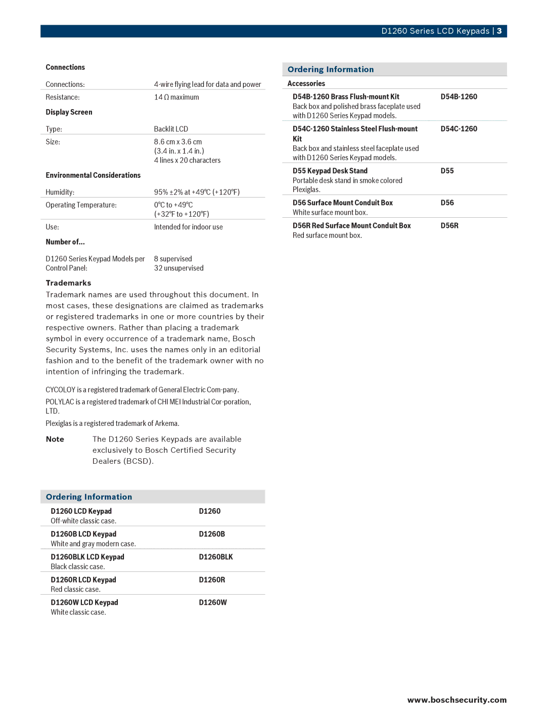 Bosch Appliances D1260 manual Ordering Information, Connections, Display Screen, Number of…, Trademarks 