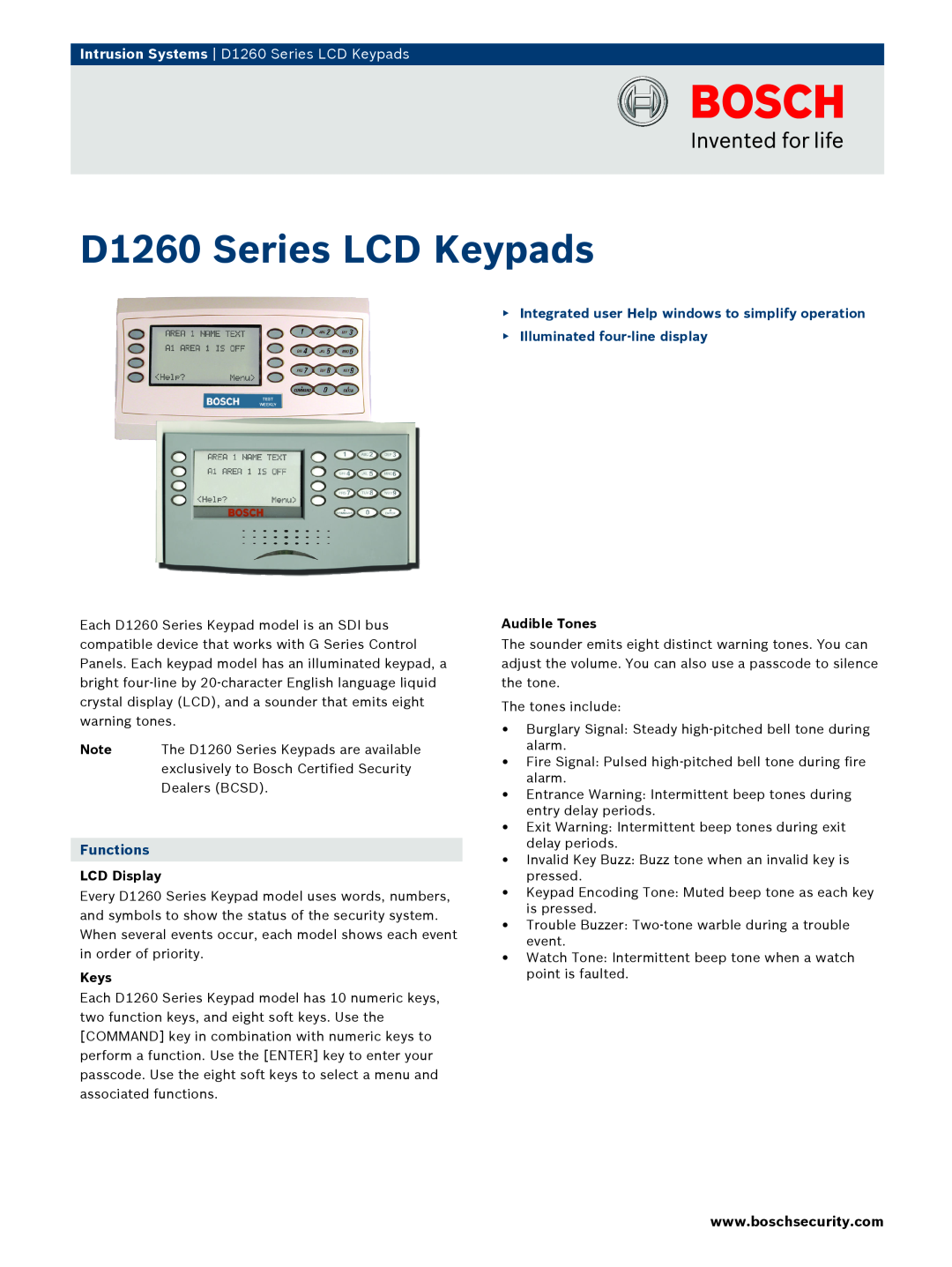 Bosch Appliances owner manual D1260/D1260B, Keypad, Owners Manual 
