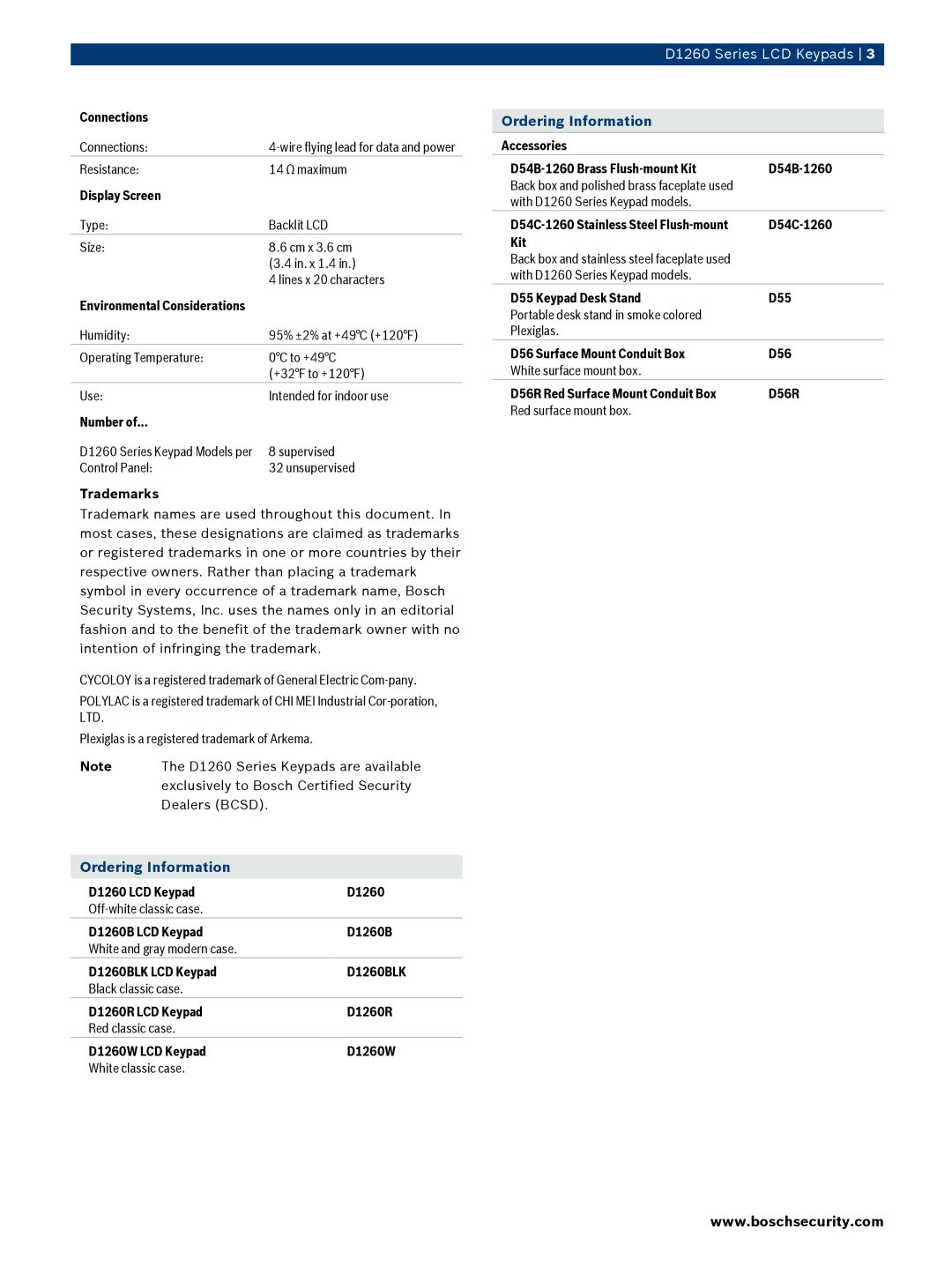 Bosch Appliances manual Ordering Information, D1260 Series LCD Keypads 