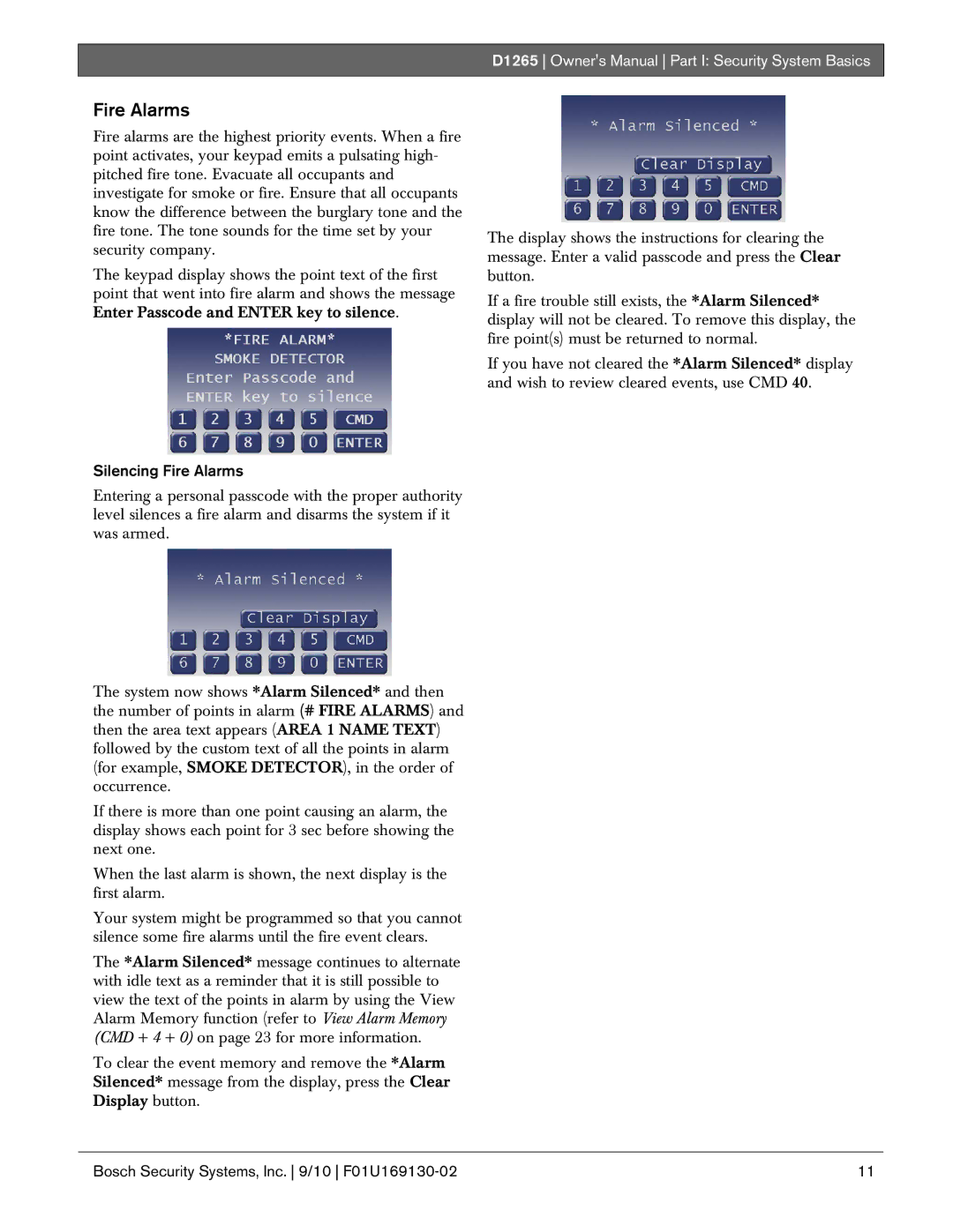 Bosch Appliances D1265 owner manual Silencing Fire Alarms 