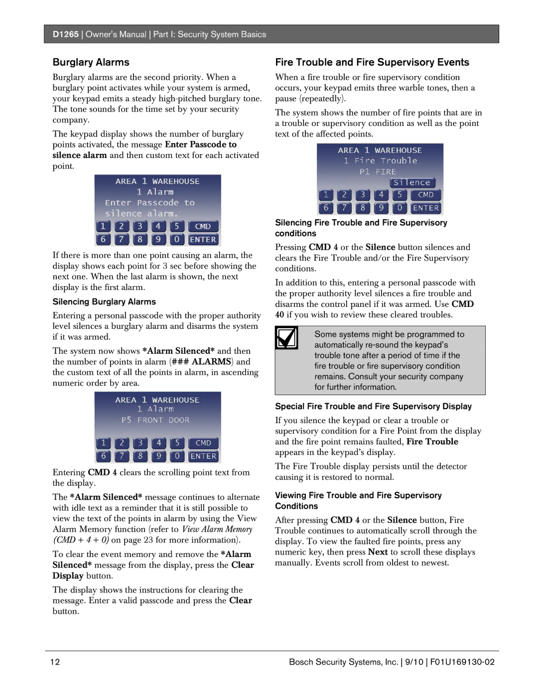 Bosch Appliances D1265 owner manual Fire Trouble and Fire Supervisory Events, Silencing Burglary Alarms 