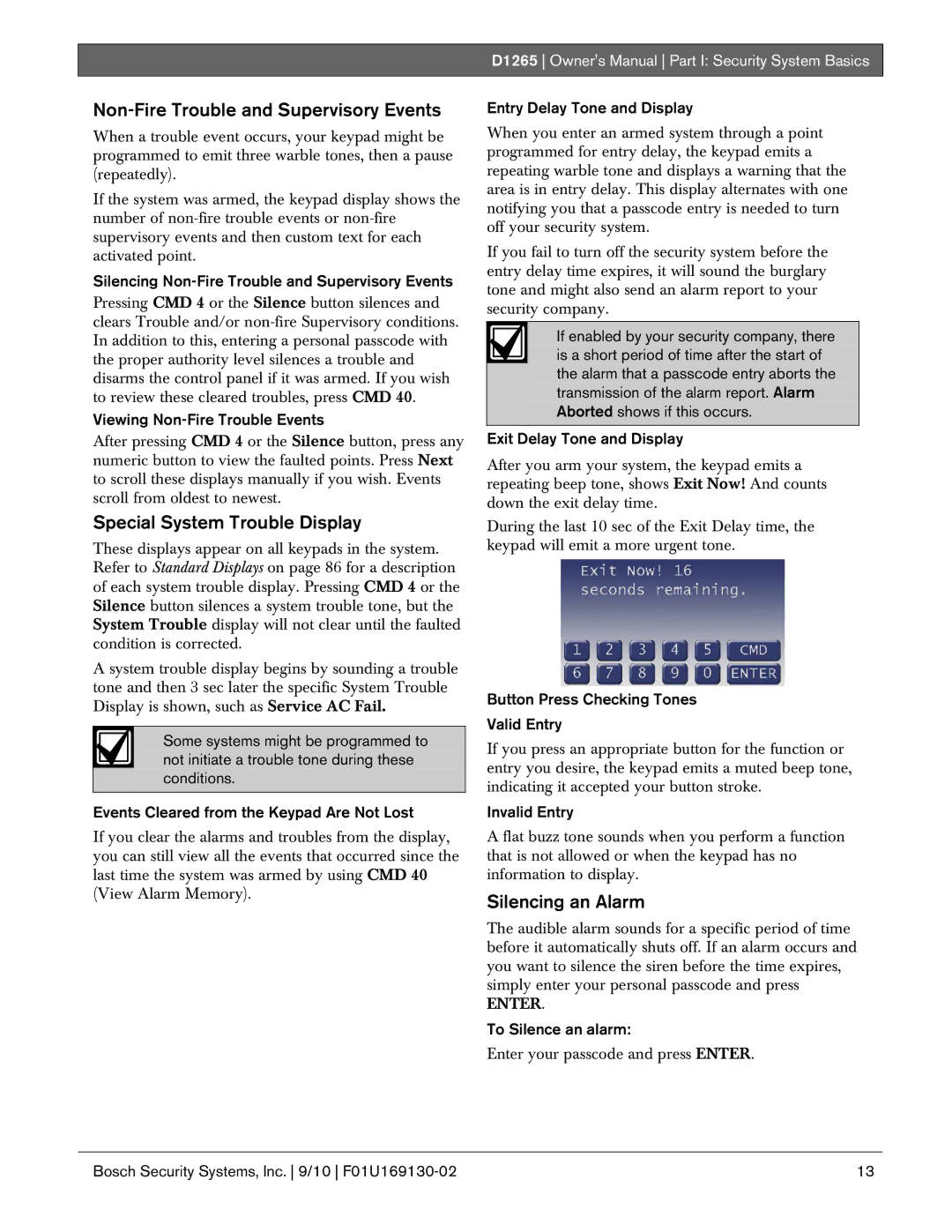 Bosch Appliances D1265 Non-Fire Trouble and Supervisory Events, Special System Trouble Display, Silencing an Alarm 